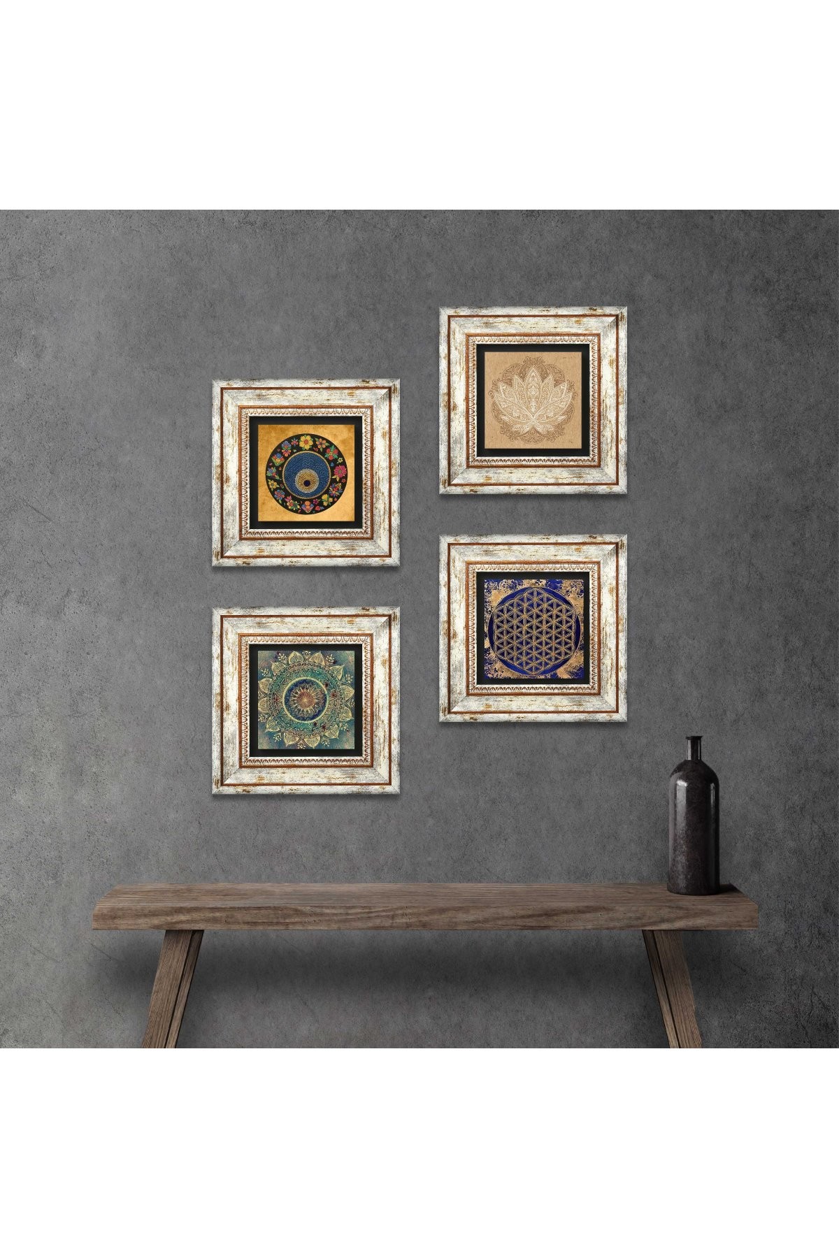 Mandala, Lotus Çiçeği, Yaşam Çiçeği, Nazar Taş Duvar Tablosu Çerçeveli Duvar Dekoru 4 Parça Tablo Seti Wall Art