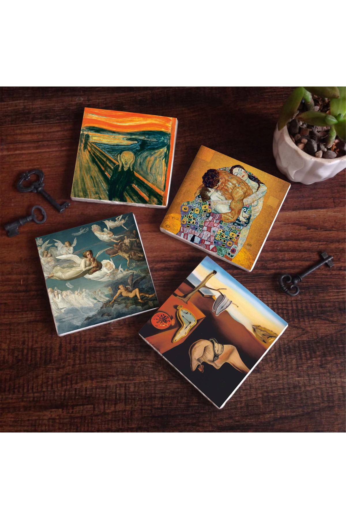 Dalí The Persistence of Memory, The Scream, Gustav Klimt Family Embrace, The Passage of Spirits Stone Coasters Desktop Protective Coasters 4 Piece Set 10x10cm Stone Coasters