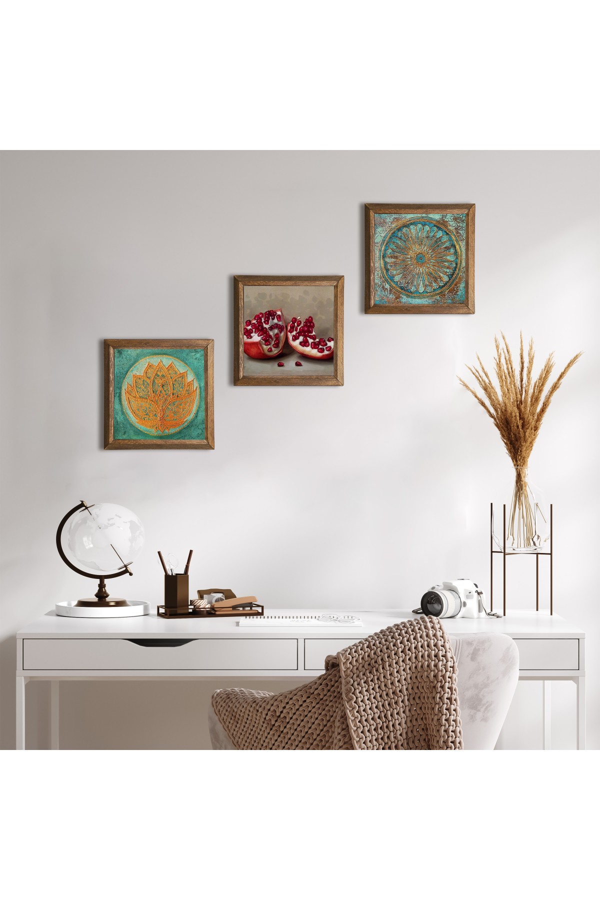 Lotus Flower, Flower of Life, Pomegranate Stone Wall Painting Wooden Framed Wall Decor 3 Piece Painting Set Wall Art