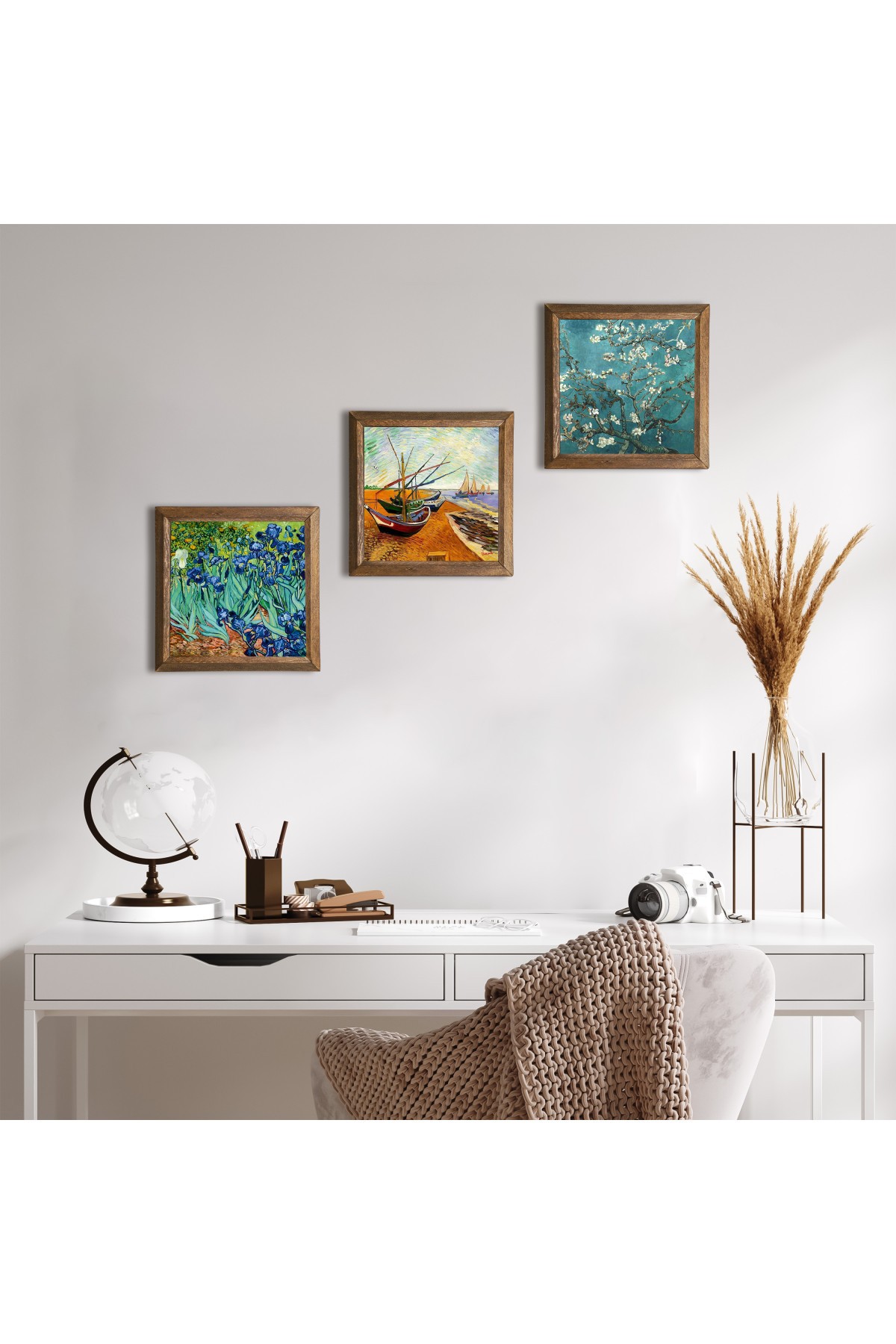 Van Gogh Balıkçı Tekneleri, İrisler, Badem Ağacı Taş Duvar Tablosu Ahşap Çerçeveli Duvar Dekoru 3 Parça Tablo Seti Wall Art