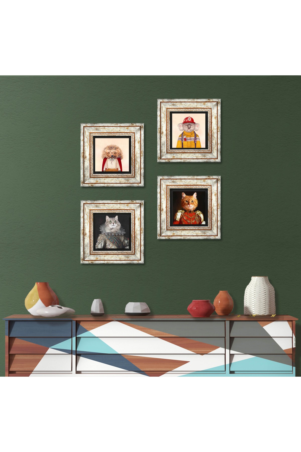 His Highness with His Paw, Hedgehog, Koala Stone Wall Painting Framed Wall Decor 4 Piece Painting Set Wall Art