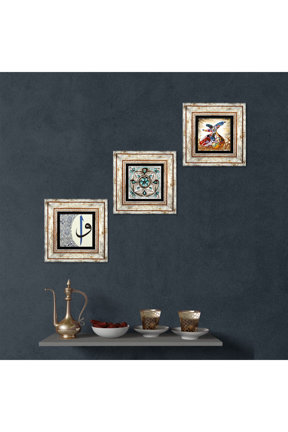 Tile Art, Elif-Vav, Whirling Dervish Stone Wall Painting Framed Wall Decor 3 Piece Painting Set Wall Art