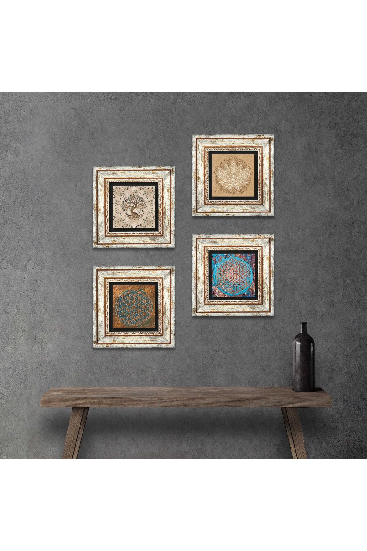 Yaşam Çiçeği, Lotus Çiçeği, Hayat Ağacı Taş Duvar Tablosu Çerçeveli Duvar Dekoru 4 Parça Tablo Seti Wall Art