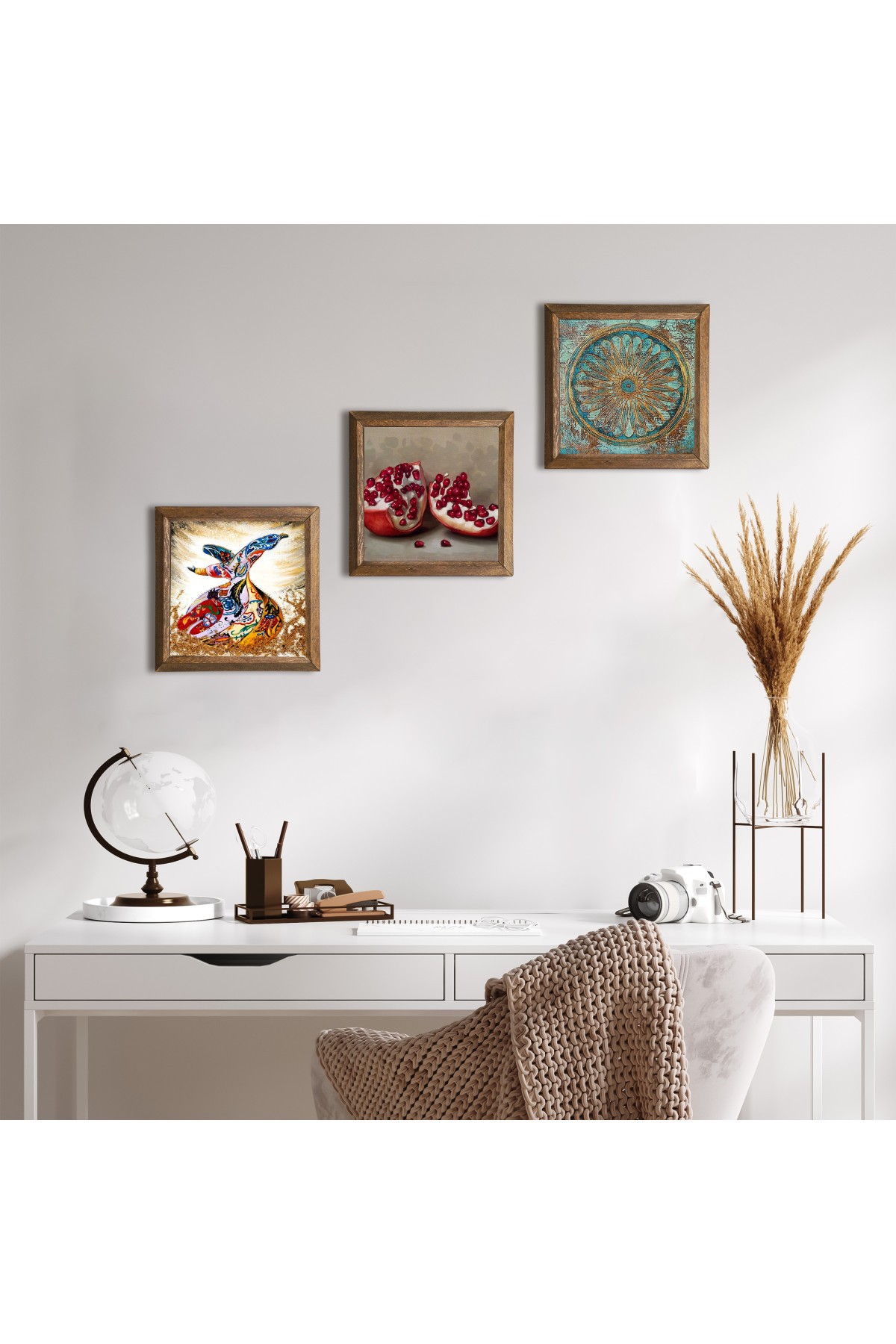 Flower of Life, Whirling Dervish, Pomegranate Stone Wall Painting Wooden Framed Wall Decor 3 Piece Painting Set Wall Art