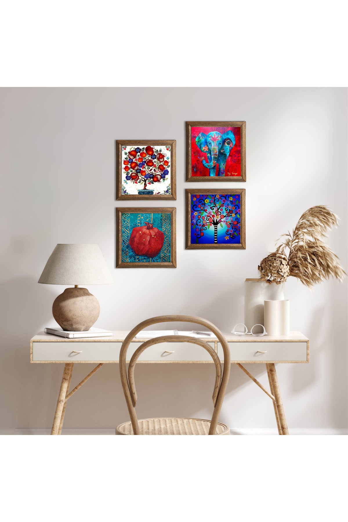 Elephant, Tree of Life, Pomegranate Tree, Pomegranate Stone Wall Painting Wooden Framed Wall Decor 4 Piece Painting Set Wall Art