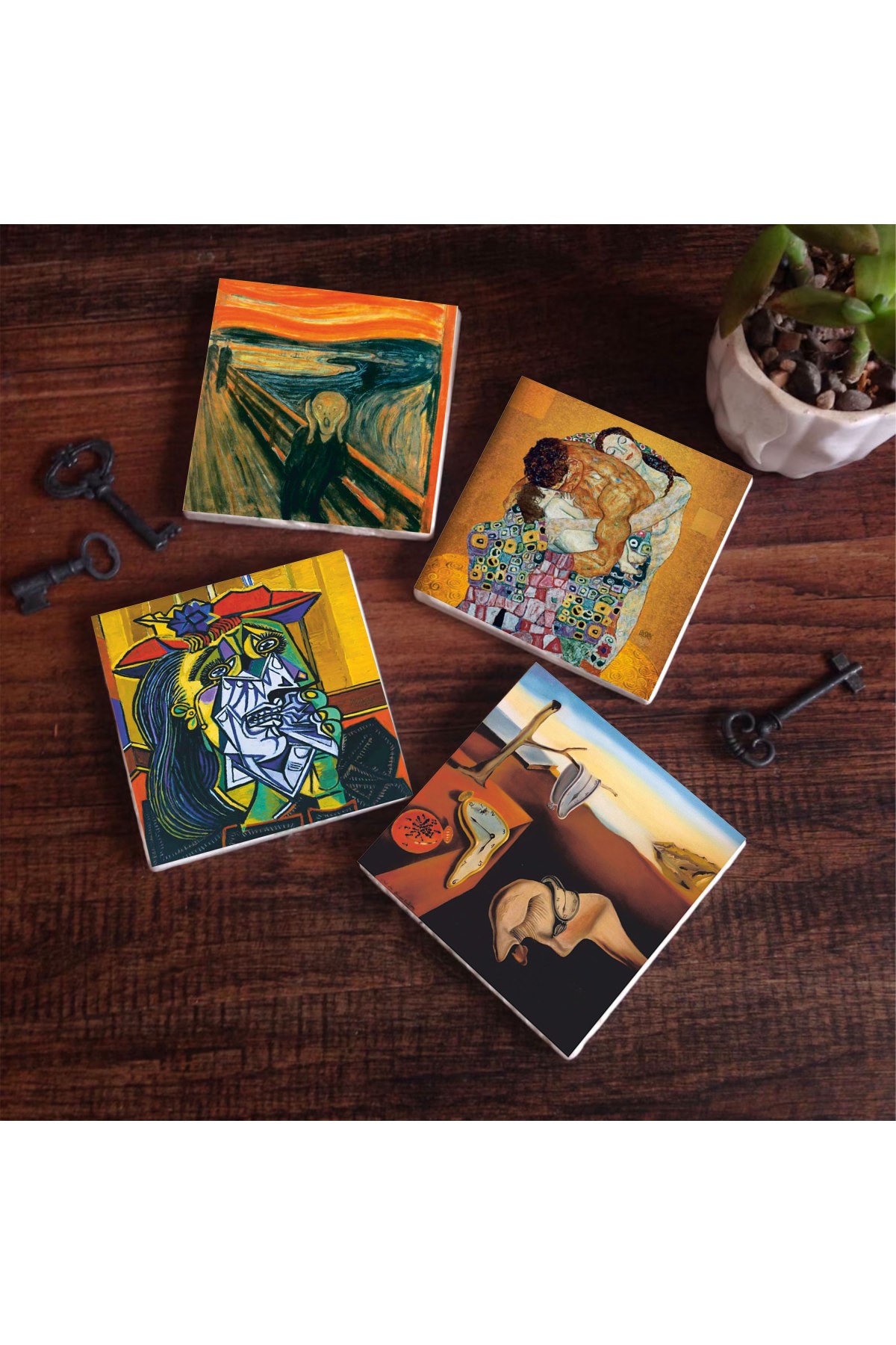 Dalí Belleğin Azmi, Picasso Ağlayan Kadın, Çığlık, Gustav Klimt Aile Kucaklama Taş Bardak Altlığı Masaüstü Koruyucu Altlık 4 Parça Set 10x10cm Stone Coasters