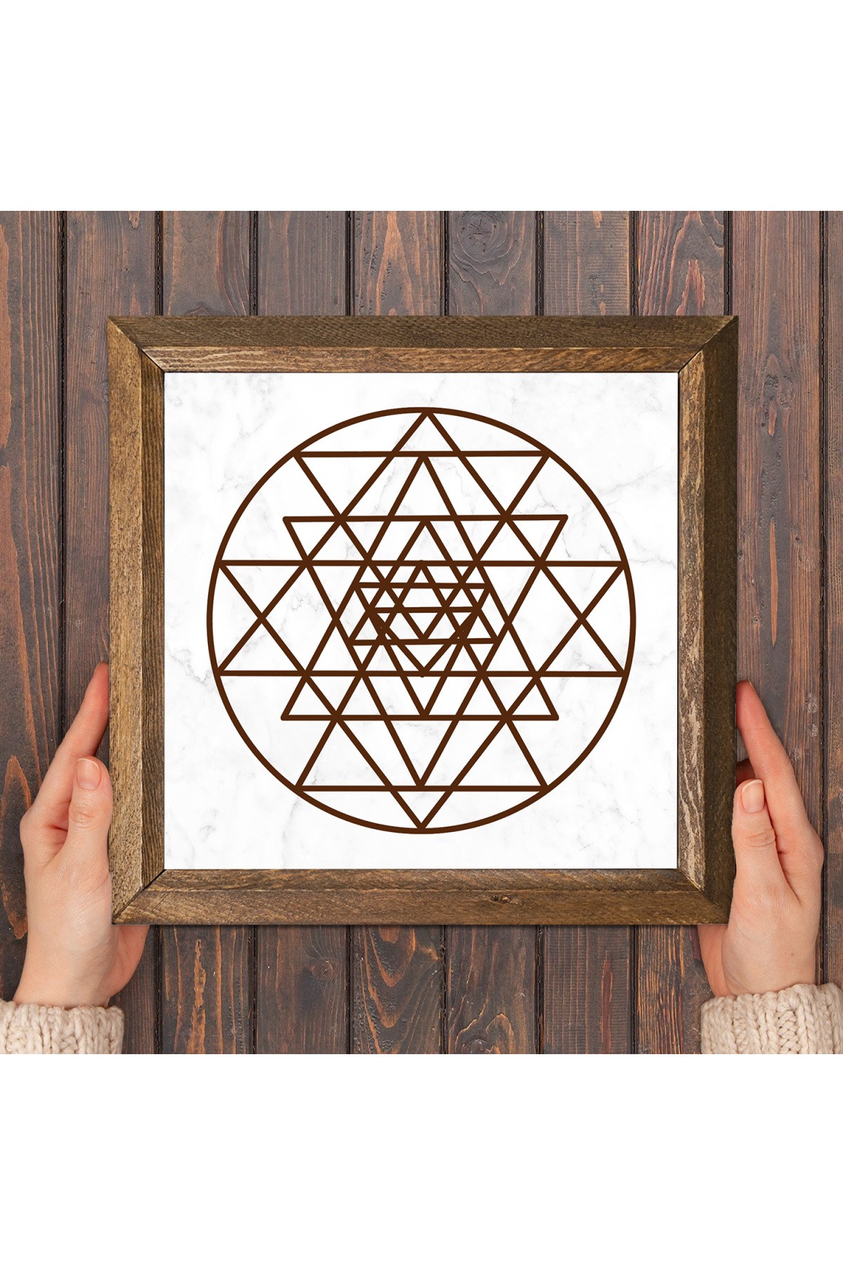 Sri Yantra Taş Duvar Tablosu Ahşap Çerçeveli Duvar Dekoru Wall Art 25x25cm