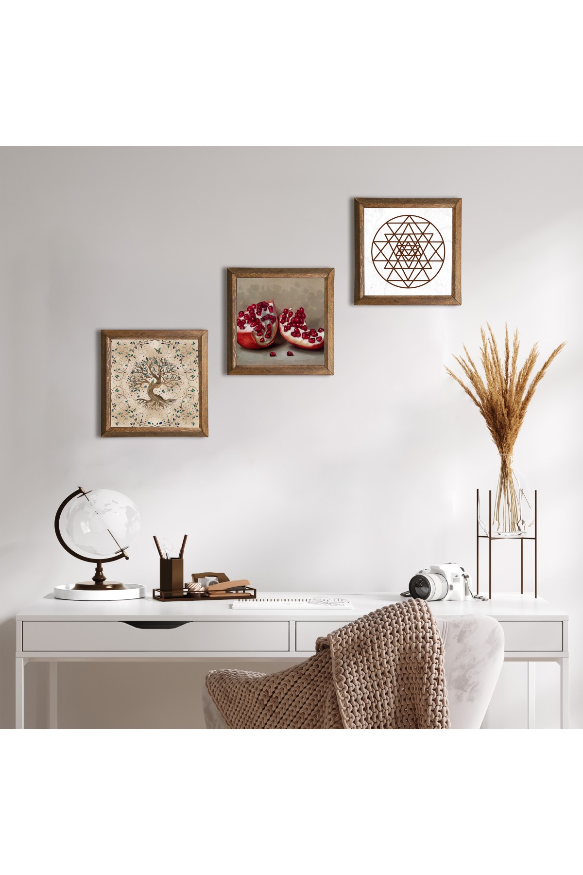 Sri Yantra, Hayat Ağacı, Nar Taş Duvar Tablosu Ahşap Çerçeveli Duvar Dekoru 3 Parça Tablo Seti Wall Art