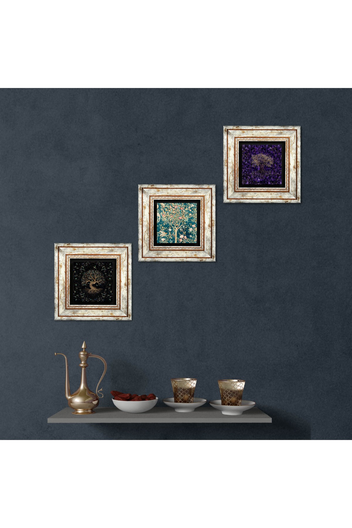 Hayat Ağacı Taş Duvar Tablosu Çerçeveli Duvar Dekoru 3 Parça Tablo Seti Wall Art