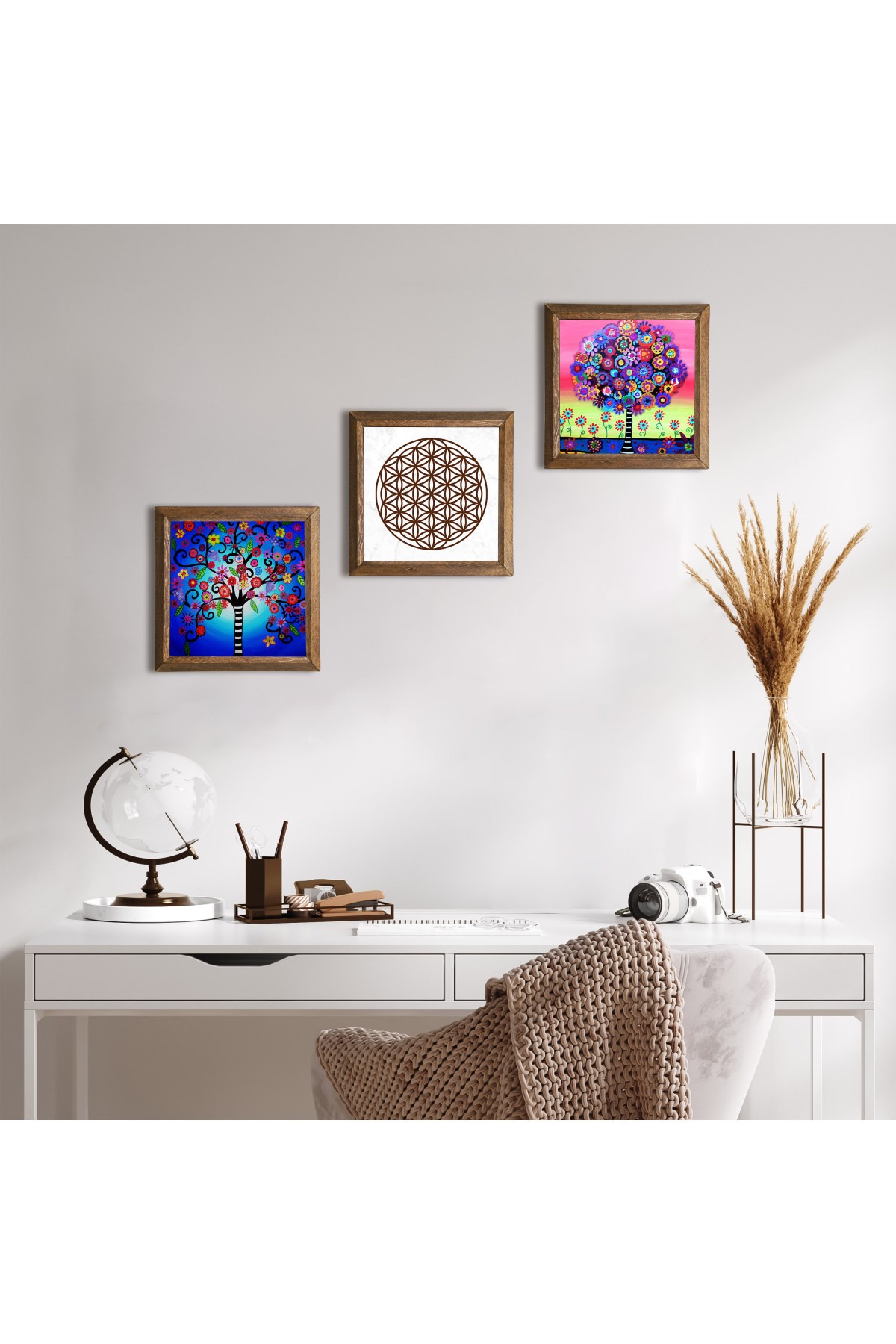 Flower of Life, Tree of Life Stone Wall Painting Wooden Framed Wall Decor 3 Piece Painting Set Wall Art