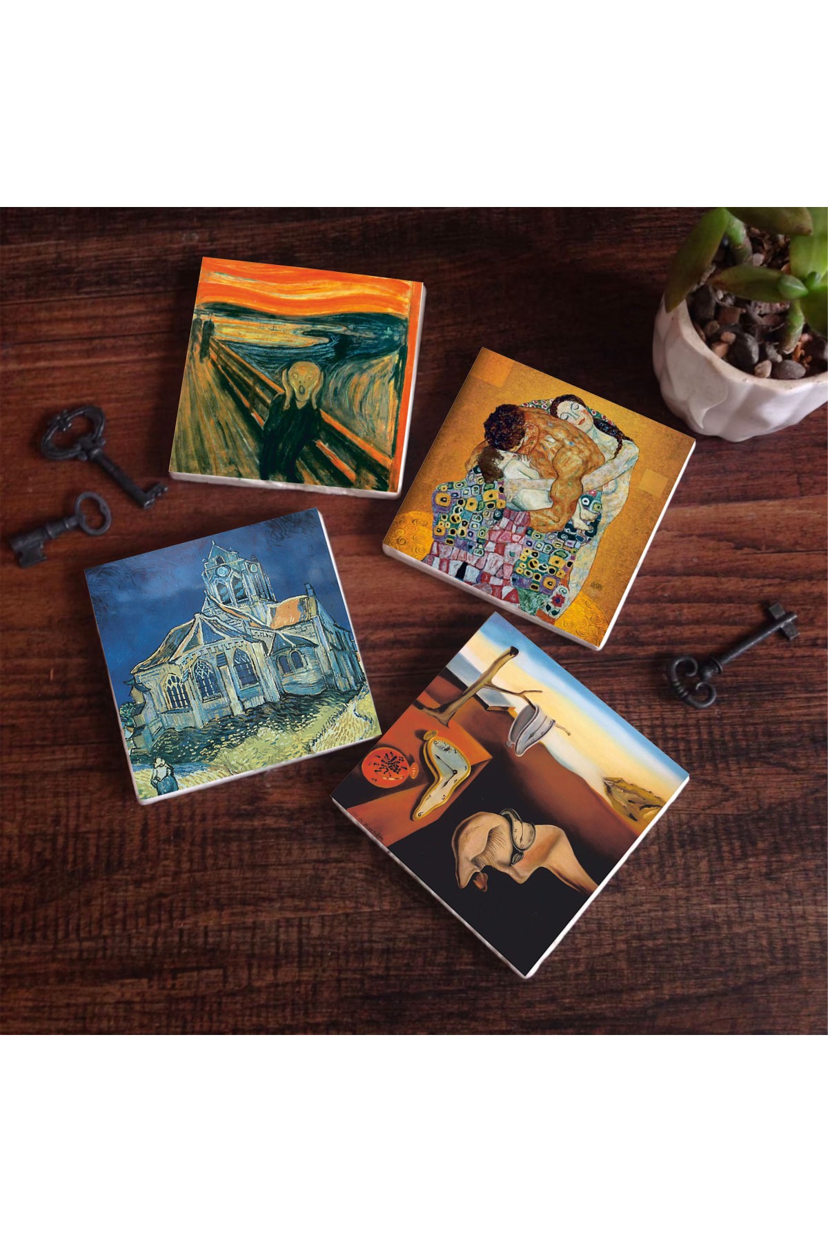 Dalí Belleğin Azmi, Van Gogh Kilise, Çığlık, Klimt Aile Kucaklama Taş Bardak Altlığı Masaüstü Koruyucu Altlık 4 Parça Set 10x10cm Stone Coasters