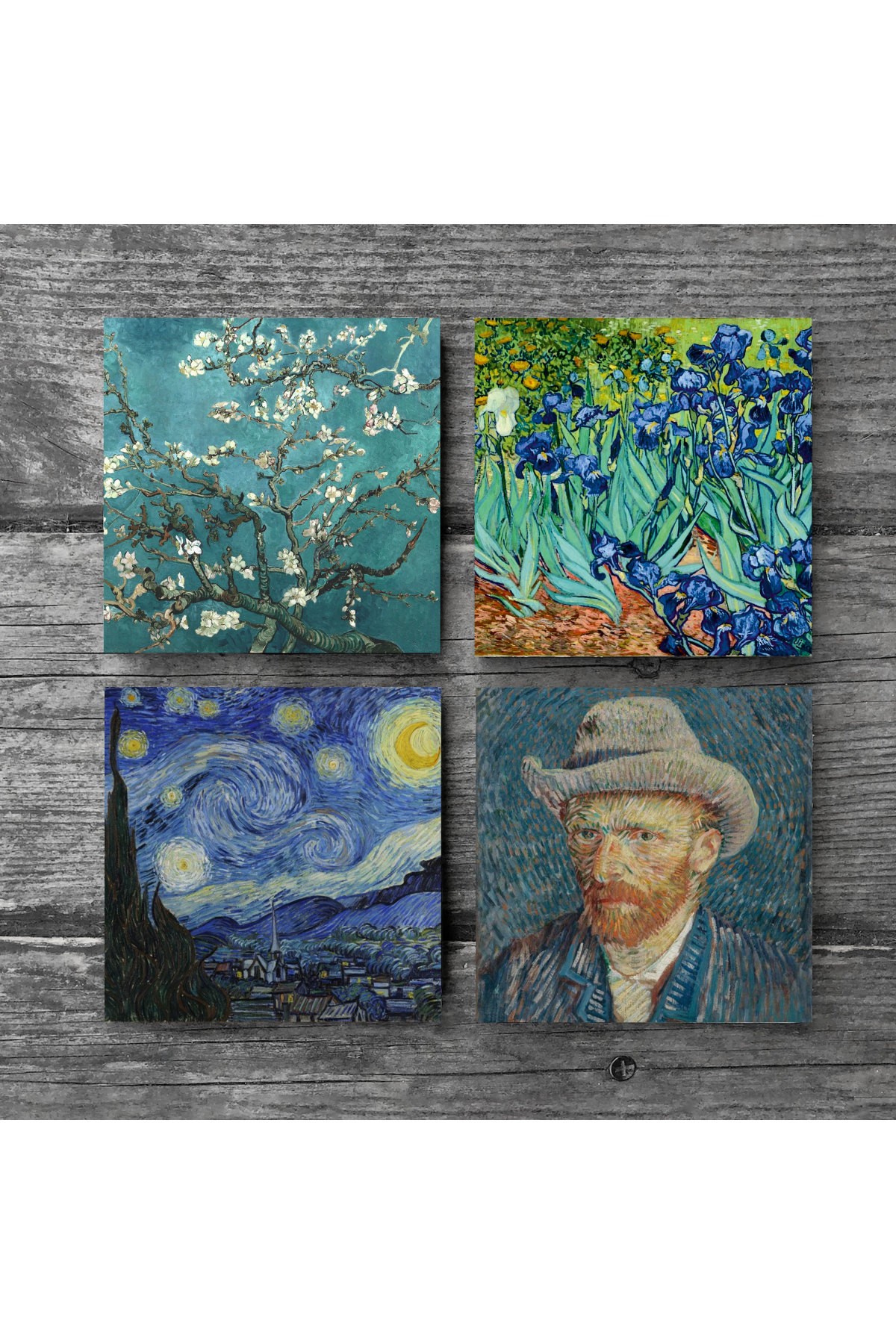 Van Gogh İrisler, Yıldızlı Gece, Badem Ağacı, Otoportre Taş Bardak Altlığı Masaüstü Koruyucu Altlık 4 Parça Set 10x10cm Stone Coasters