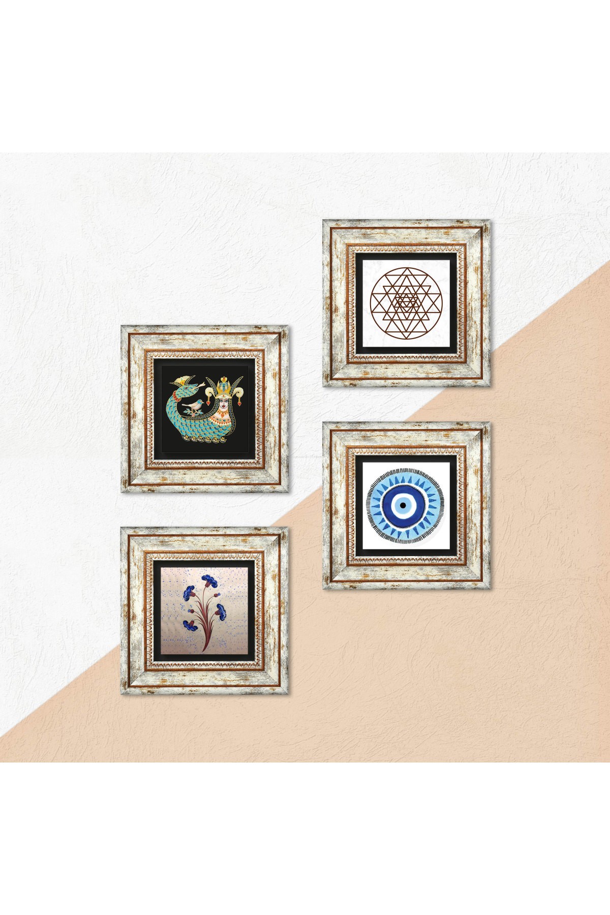 Evil Eye, Marbling Art, Sri Yantra, Shahmaran Stone Wall Painting Framed Wall Decoration 4 Piece Painting Set Wall Art