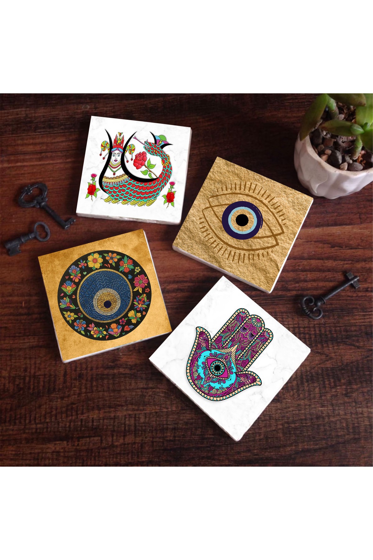 Nazar, Fatma Ana Eli (Hamsa), Şahmeran Taş Bardak Altlığı Masaüstü Koruyucu Altlık 4 Parça Set 10x10cm Stone Coasters