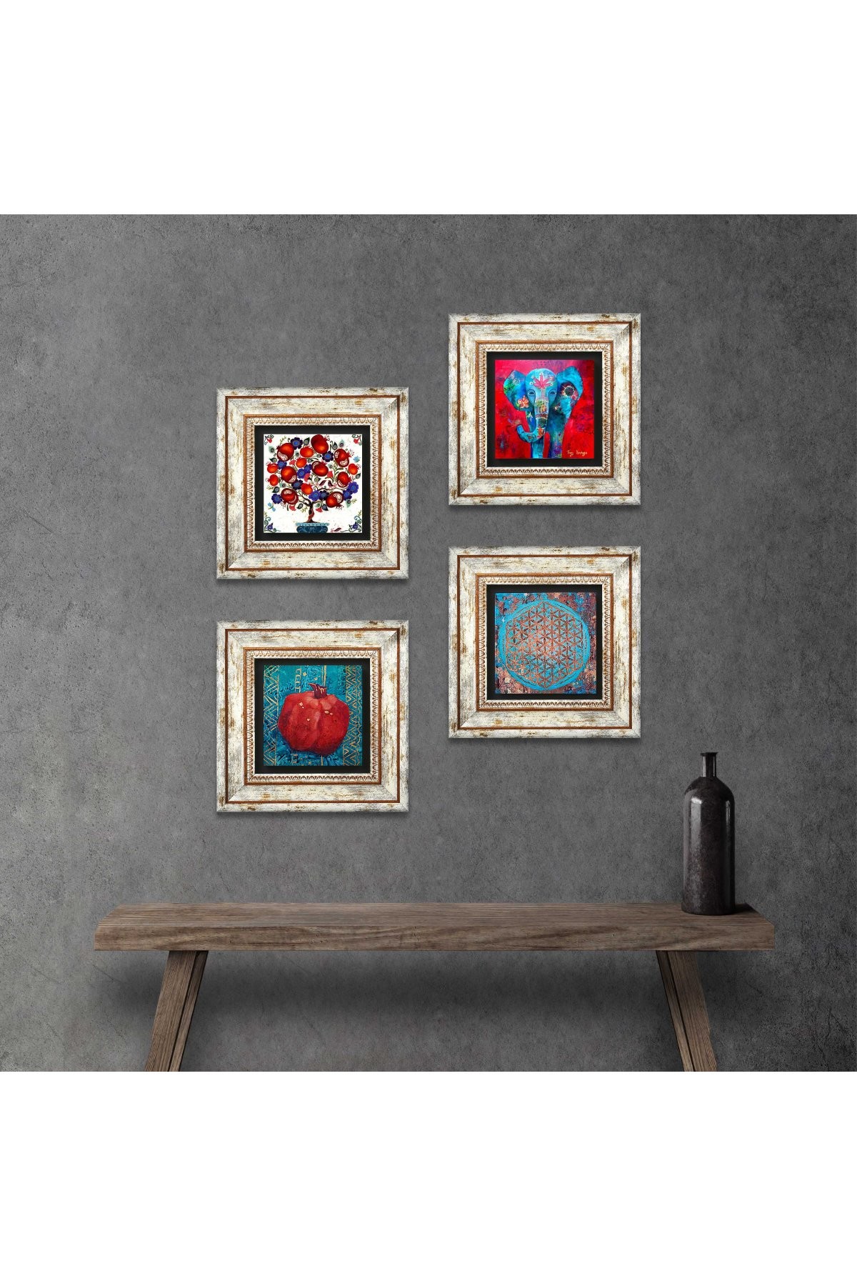 Elephant, Flower of Life, Pomegranate Tree, Pomegranate Stone Wall Painting Framed Wall Decor 4 Piece Painting Set Wall Art