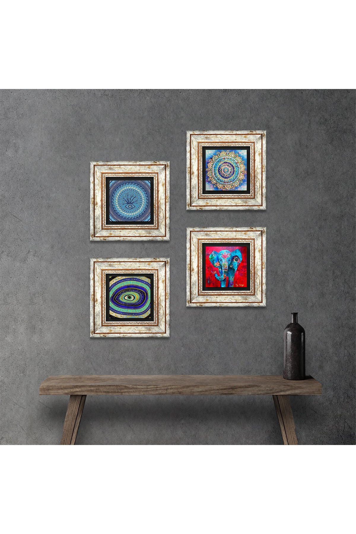 Mandala, Elephant, Evil Eye Stone Wall Painting Framed Wall Decor 4 Piece Painting Set Wall Art