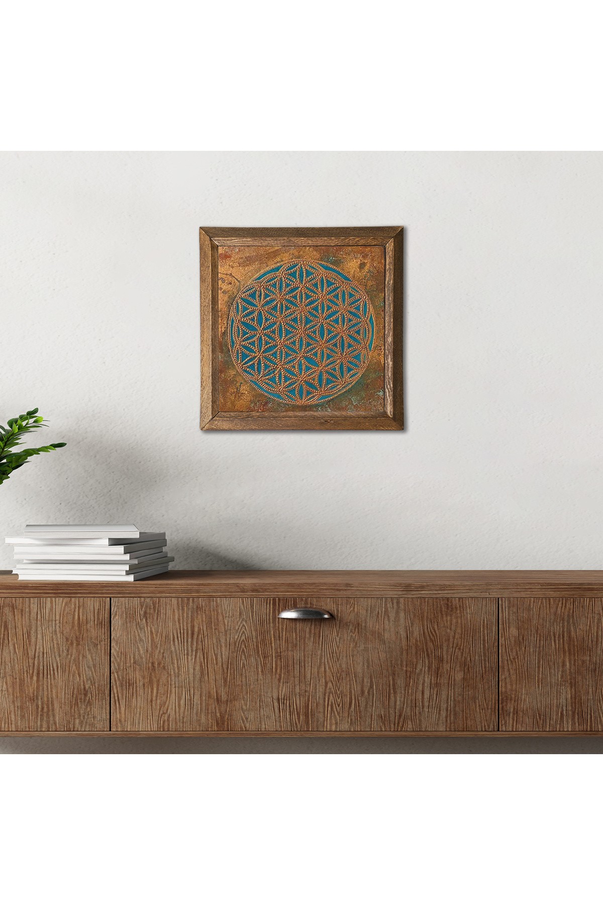 Yaşam Çiçeği Taş Duvar Tablosu Ahşap Çerçeveli Duvar Dekoru Wall Art 25x25cm