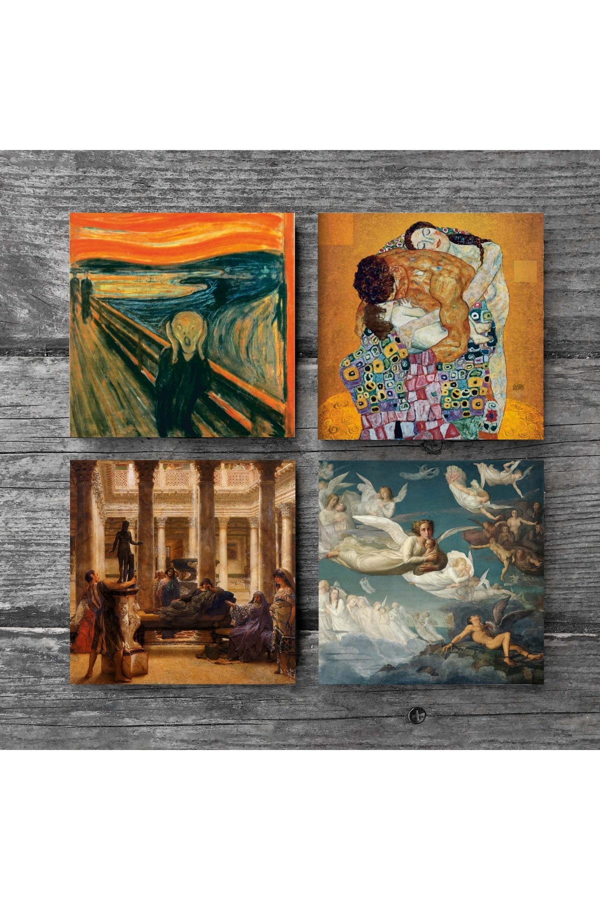 Çığlık, Gustav Klimt Aile Kucaklama, Bir Roma Sanat Aşığı, Ruhların Geçişi Taş Bardak Altlığı Masaüstü Koruyucu Altlık 4 Parça Set 10x10cm Stone Coasters