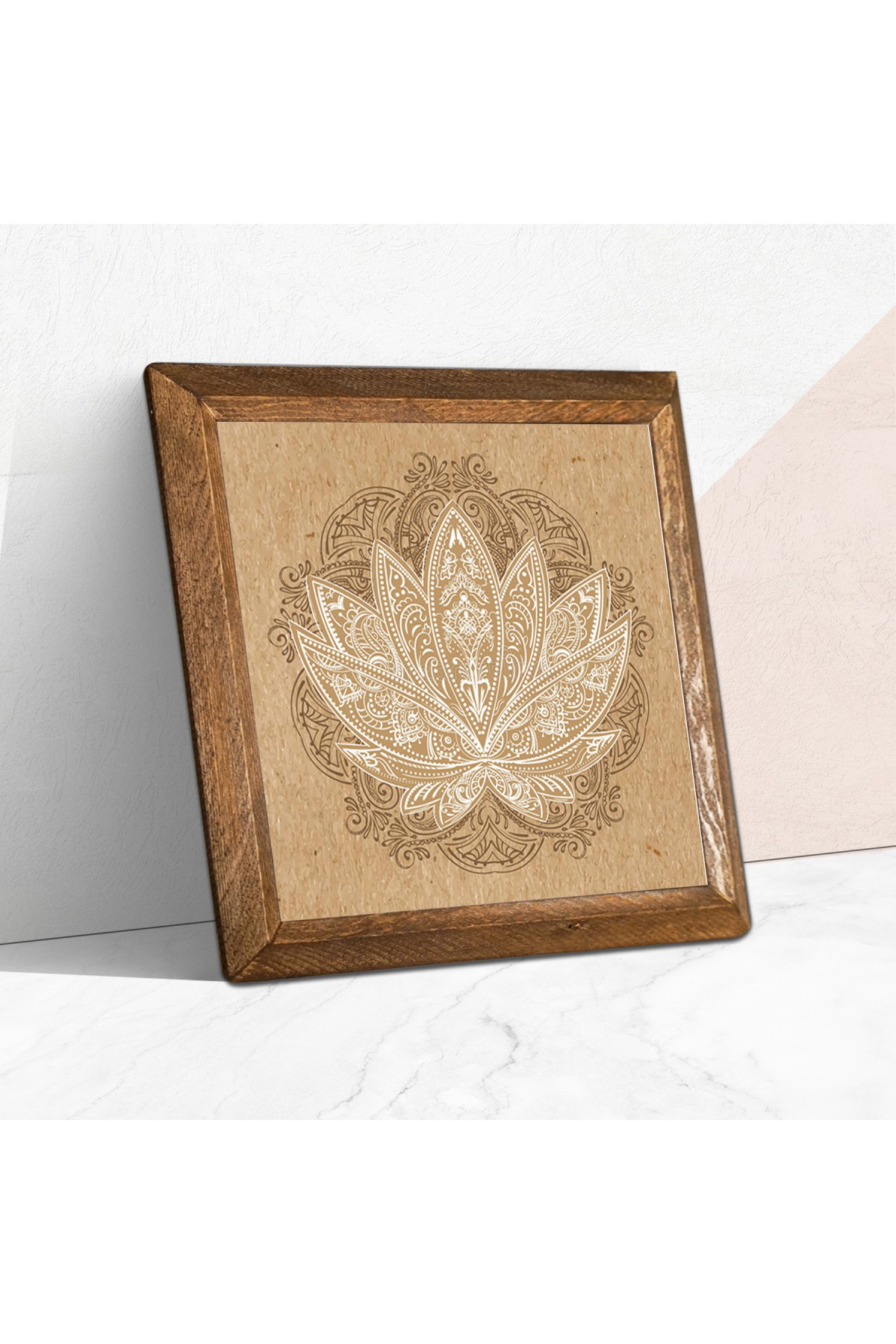 Lotus Çiçeği Taş Duvar Tablosu Ahşap Çerçeveli Duvar Dekoru Wall Art 25x25cm