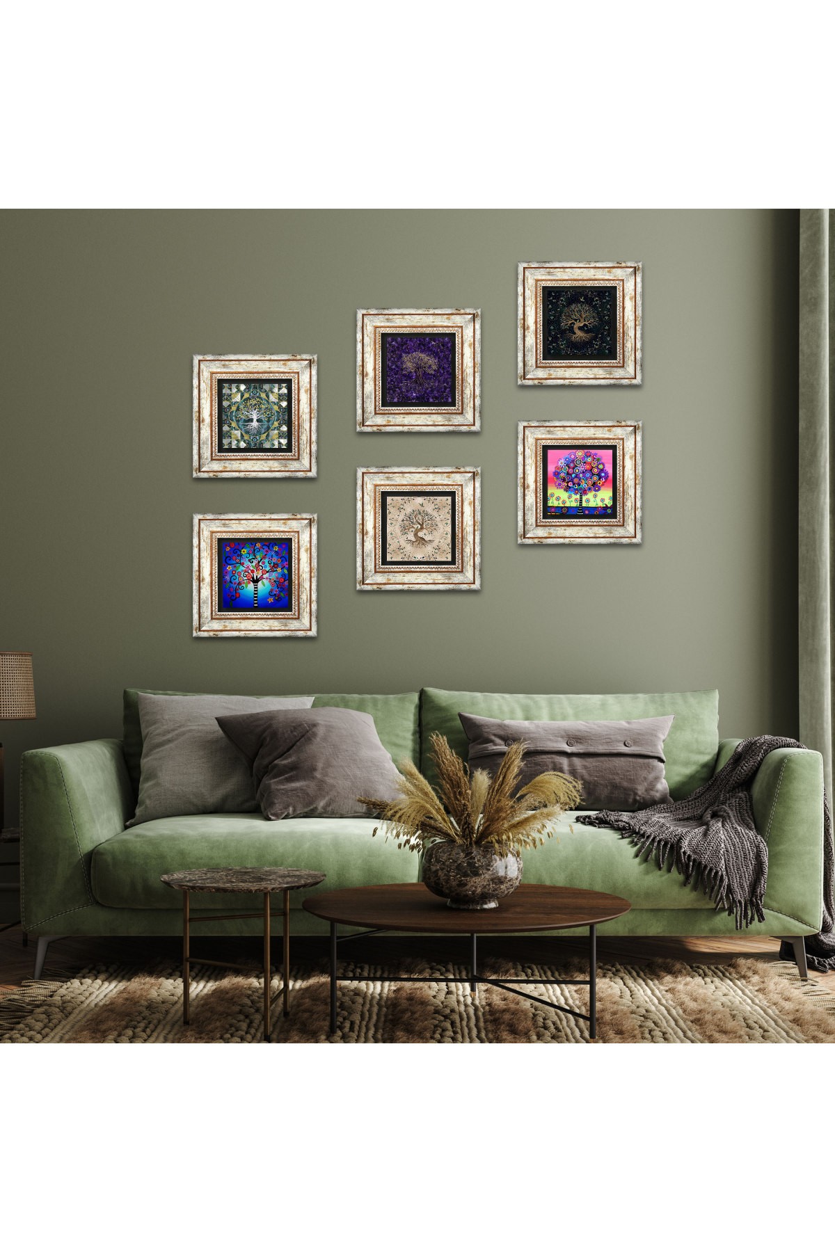 Hayat Ağacı Taş Duvar Tablosu Çerçeveli Duvar Dekoru 6 Parça Tablo Seti Wall Art