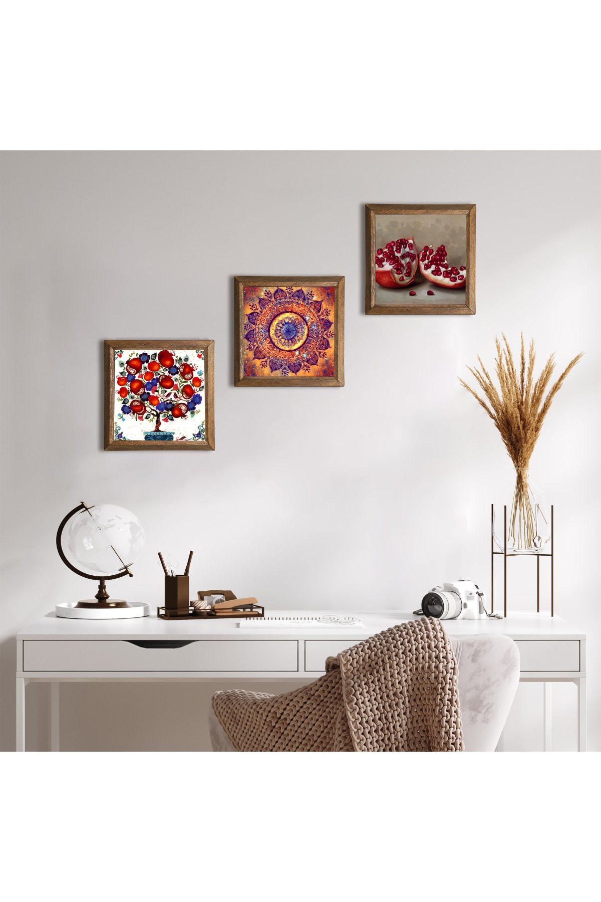 Mandala, Nar, Nar Ağacı Taş Duvar Tablosu Ahşap Çerçeveli Duvar Dekoru 3 Parça Tablo Seti Wall Art