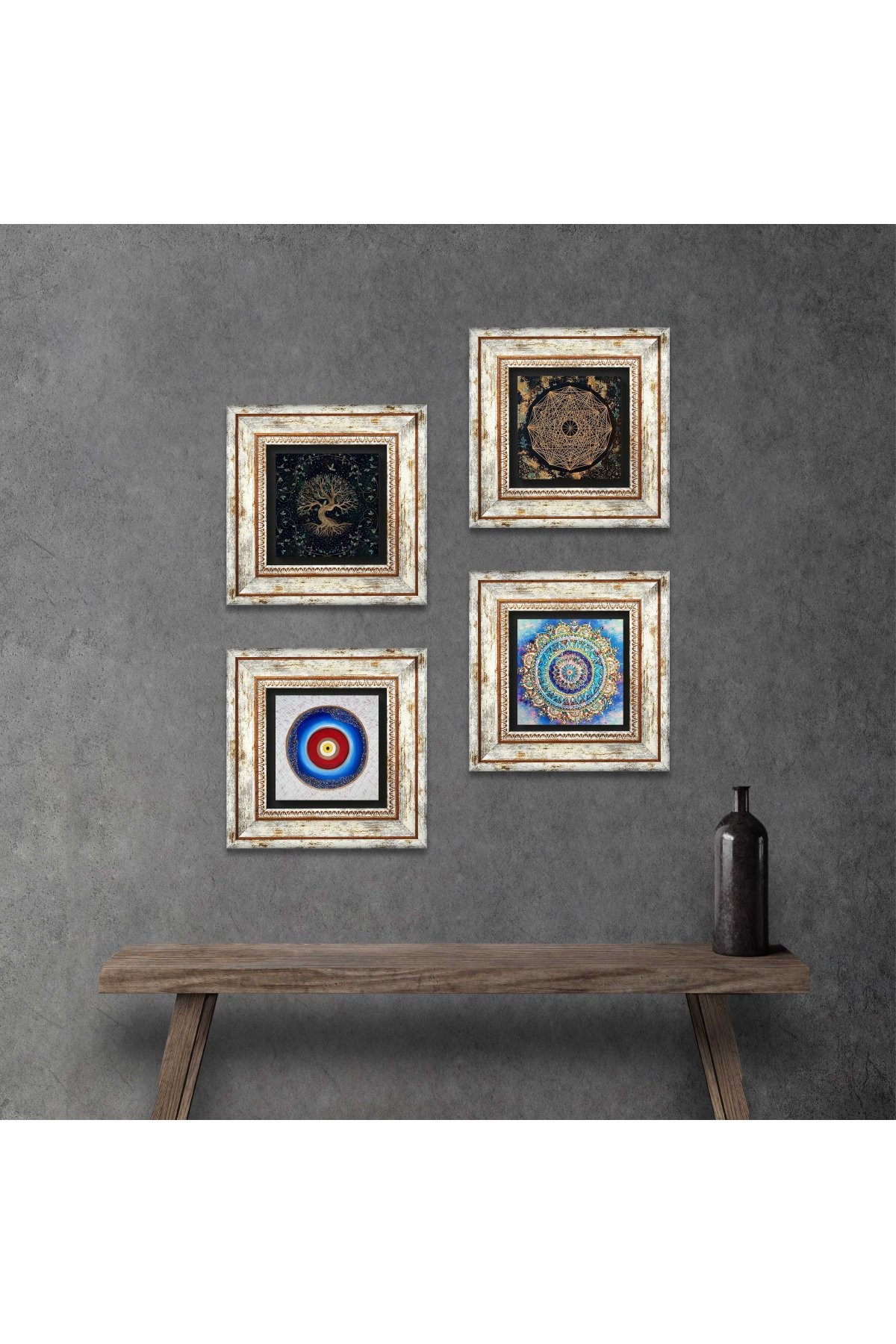 Evil Eye, Mandala, Sri Yantra, Tree of Life Stone Wall Painting Framed Wall Decor 4 Piece Painting Set Wall Art