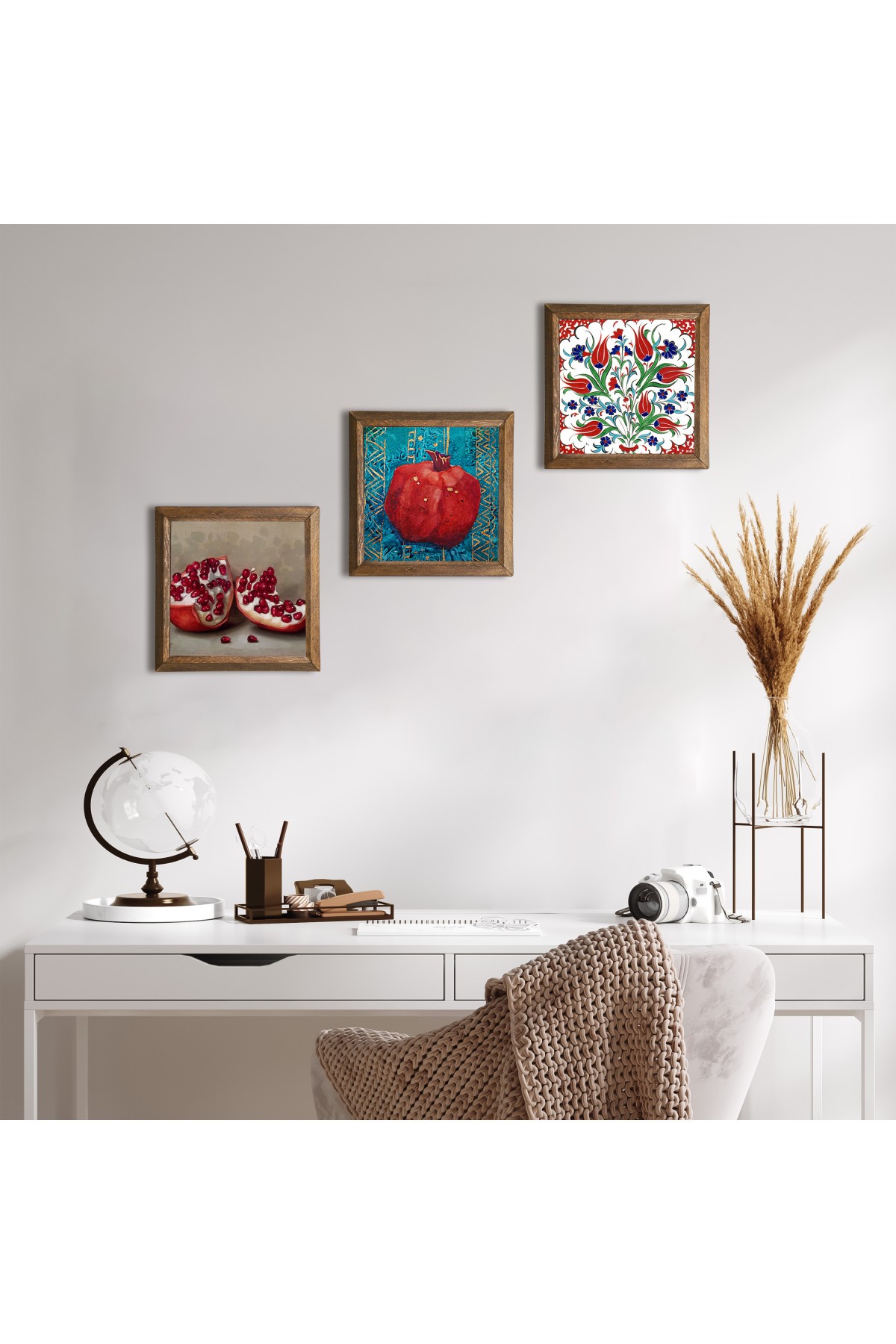 Çini Sanatı Lale, Nar Taş Duvar Tablosu Ahşap Çerçeveli Duvar Dekoru 3 Parça Tablo Seti Wall Art