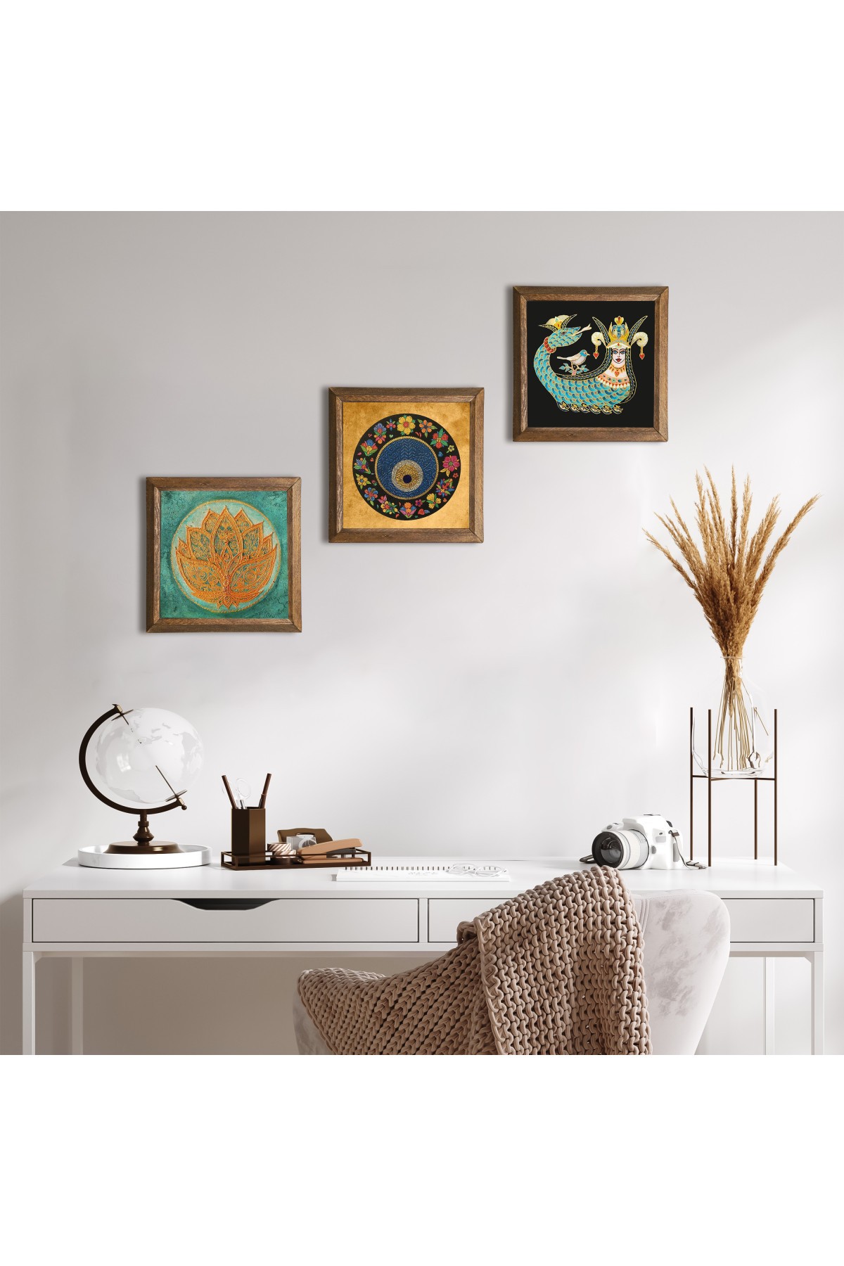 Lotus Çiçeği, Lale Ebru Sanatı, Şahmeran Taş Duvar Tablosu Ahşap Çerçeveli Duvar Dekoru 3 Parça Tablo Seti Wall Art