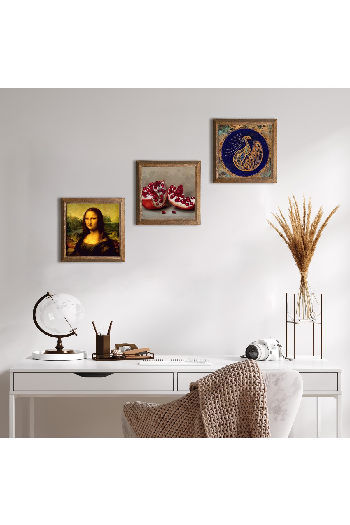 Tavus Kuşu, Leonardo da Vinci Mona Lisa, Nar Taş Duvar Tablosu Ahşap Çerçeveli Duvar Dekoru 3 Parça Tablo Seti Wall Art