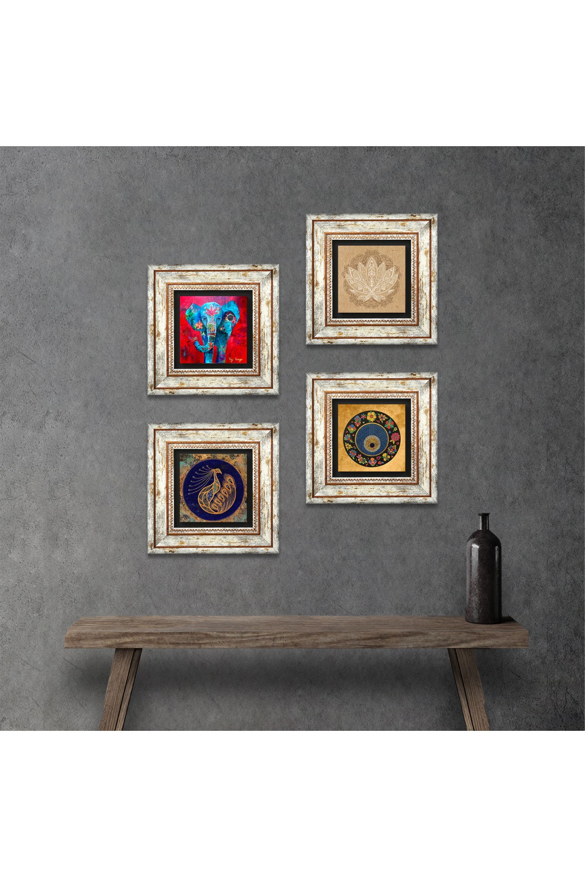 Elephant, Peacock, Lotus Flower, Evil Eye Stone Wall Painting Framed Wall Decor 4 Piece Painting Set Wall Art