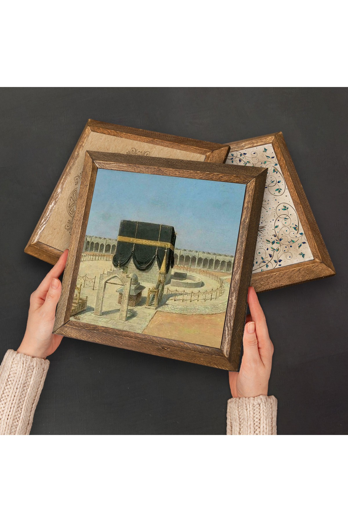 Kaaba-i Muazzama, Elif, Esma'ül Hüsna Stone Wall Painting Wooden Framed Wall Decor 3 Piece Painting Set Wall Art