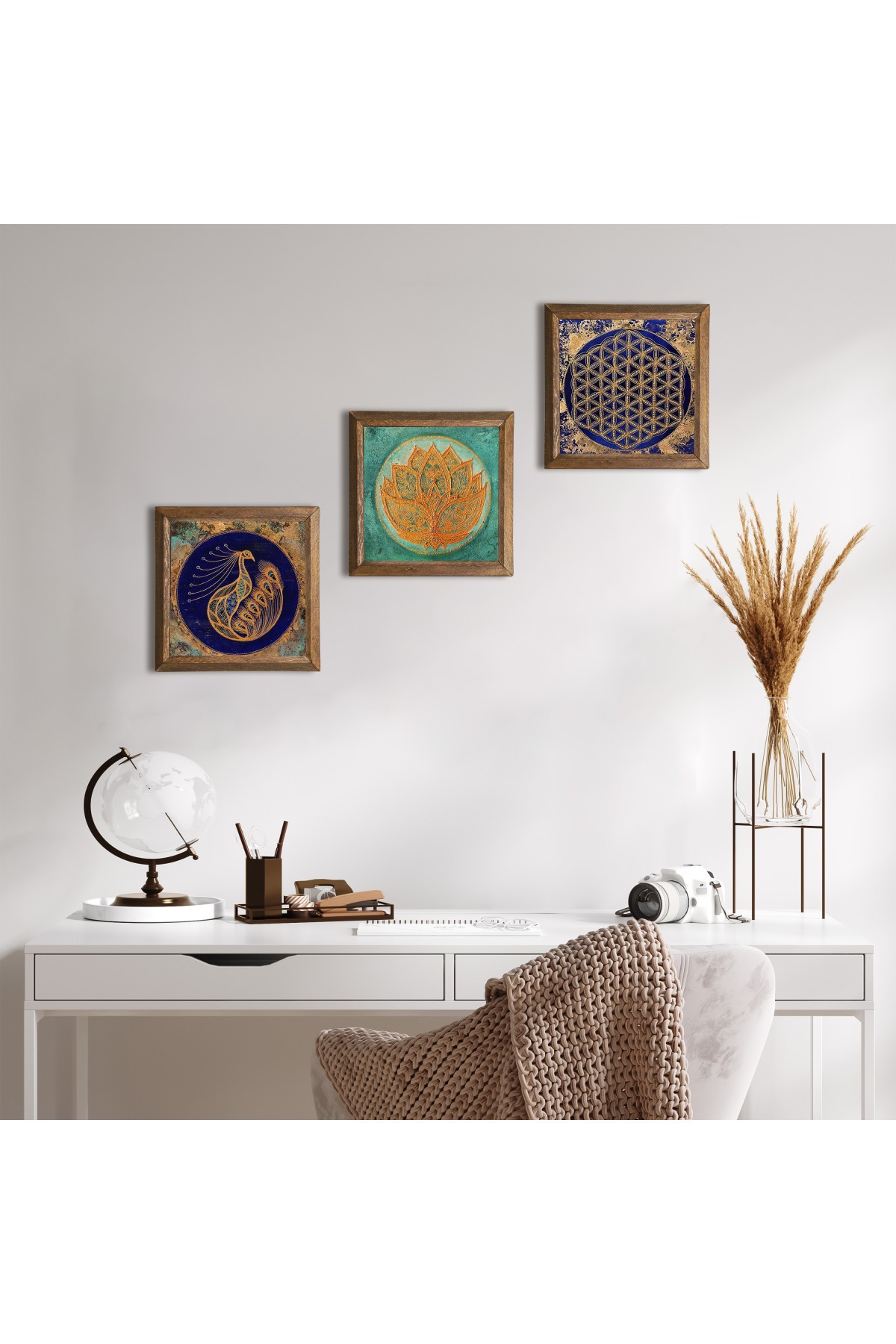 Lotus Flower, Peacock, Flower of Life Stone Wall Painting Wooden Framed Wall Decor 3 Piece Painting Set Wall Art