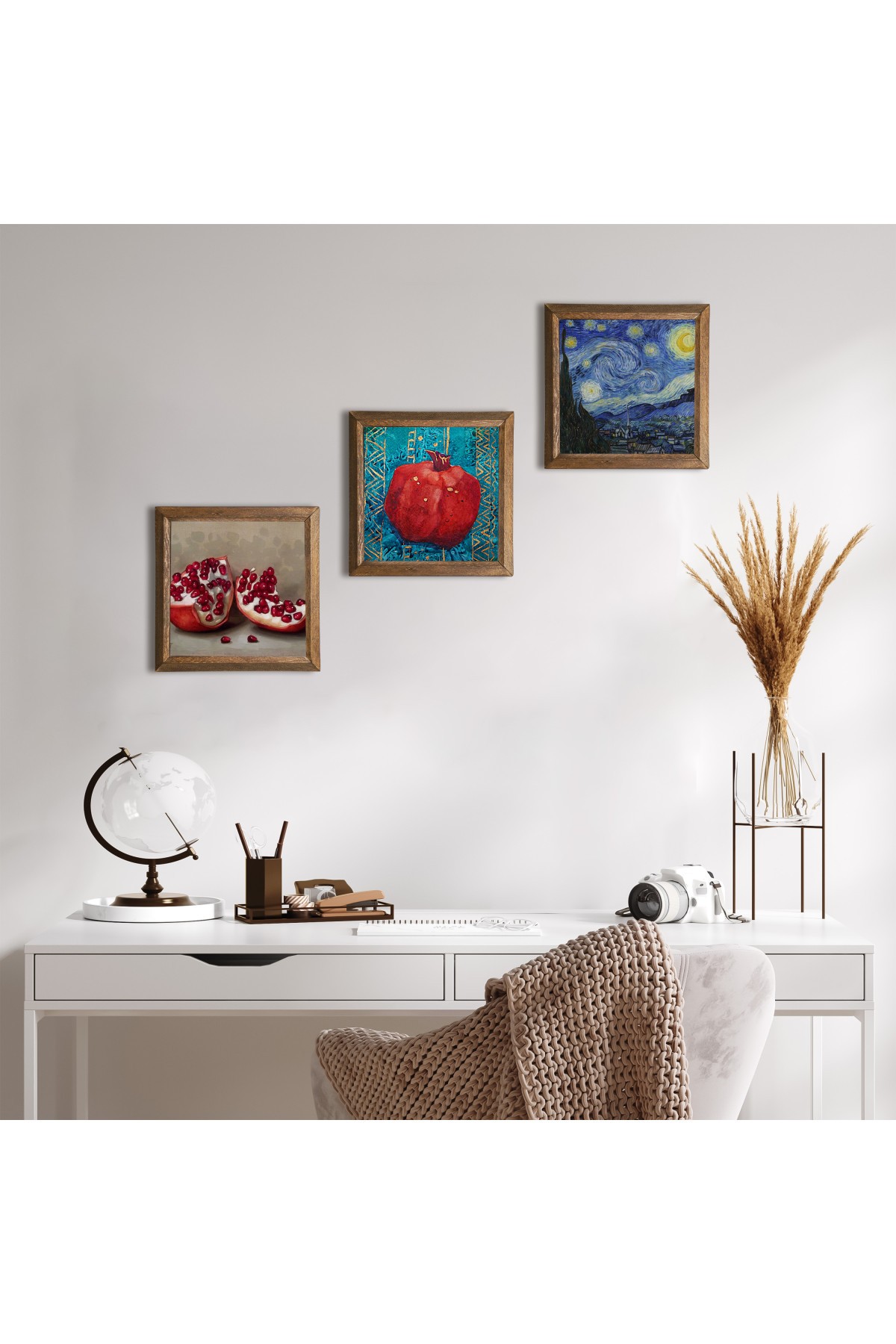 Van Gogh Starry Night, Pomegranate Stone Wall Painting Wooden Framed Wall Decor 3 Piece Painting Set Wall Art