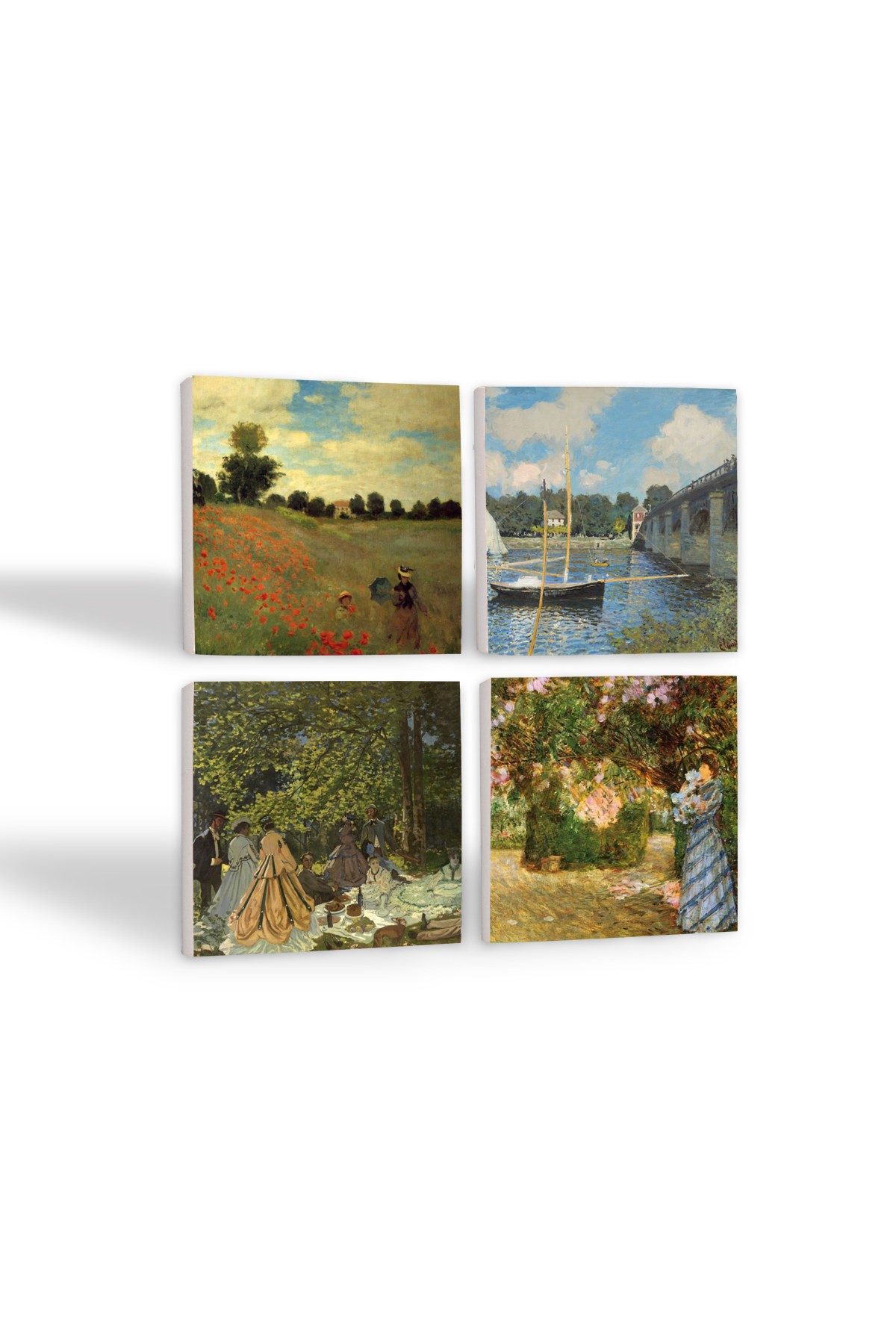 Claude Monet Bahçede, Kırda Öğle Yemeği, Argenteuil'de Köprü, Gelincikler Taş Bardak Altlığı Masaüstü Koruyucu Altlık 4 Parça Set 10x10cm Stone Coasters