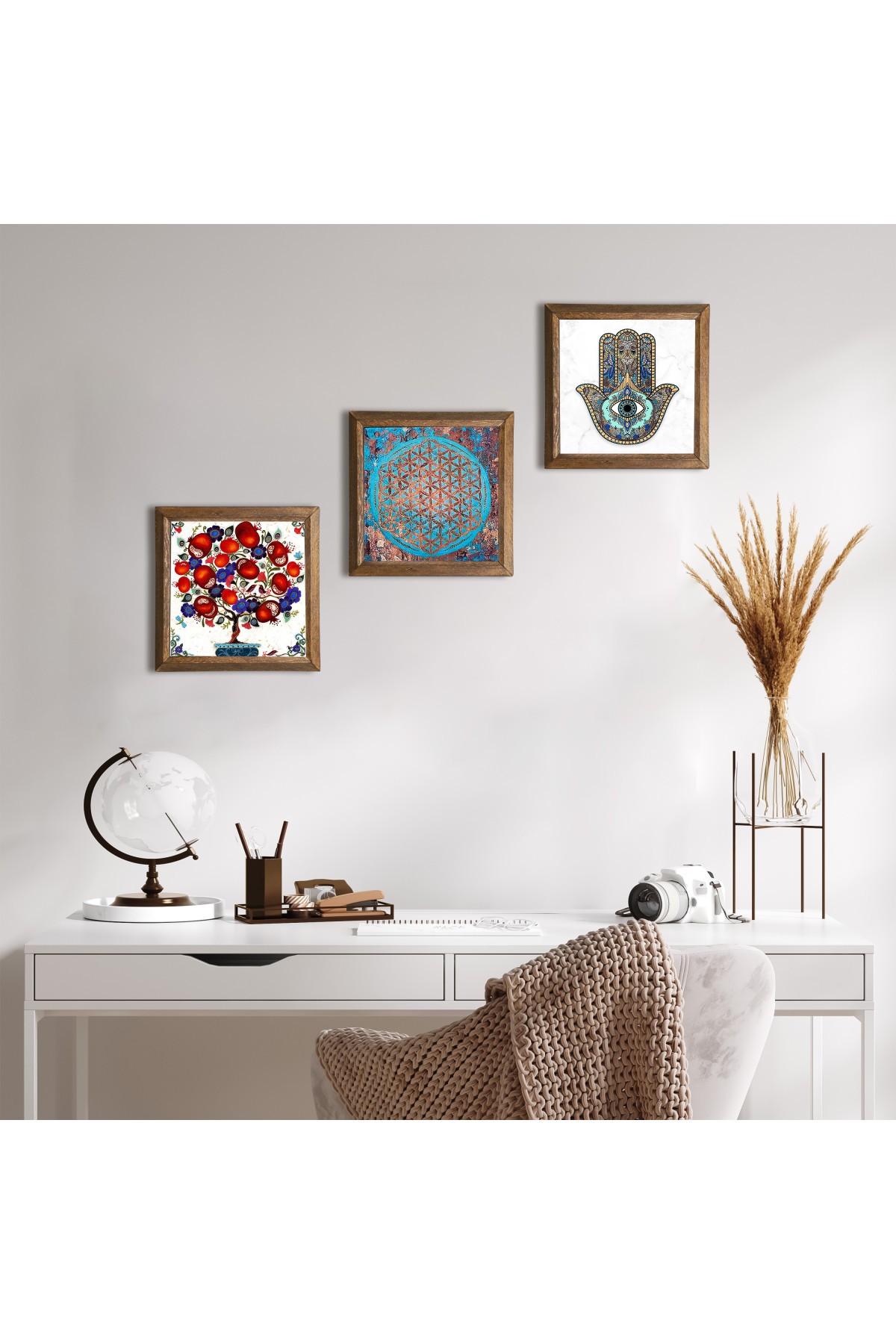 Flower of Life, Pomegranate Tree, Hand of Mother Fatima (Hamsa) Stone Wall Painting Wooden Framed Wall Decor 3 Piece Painting Set Wall Art