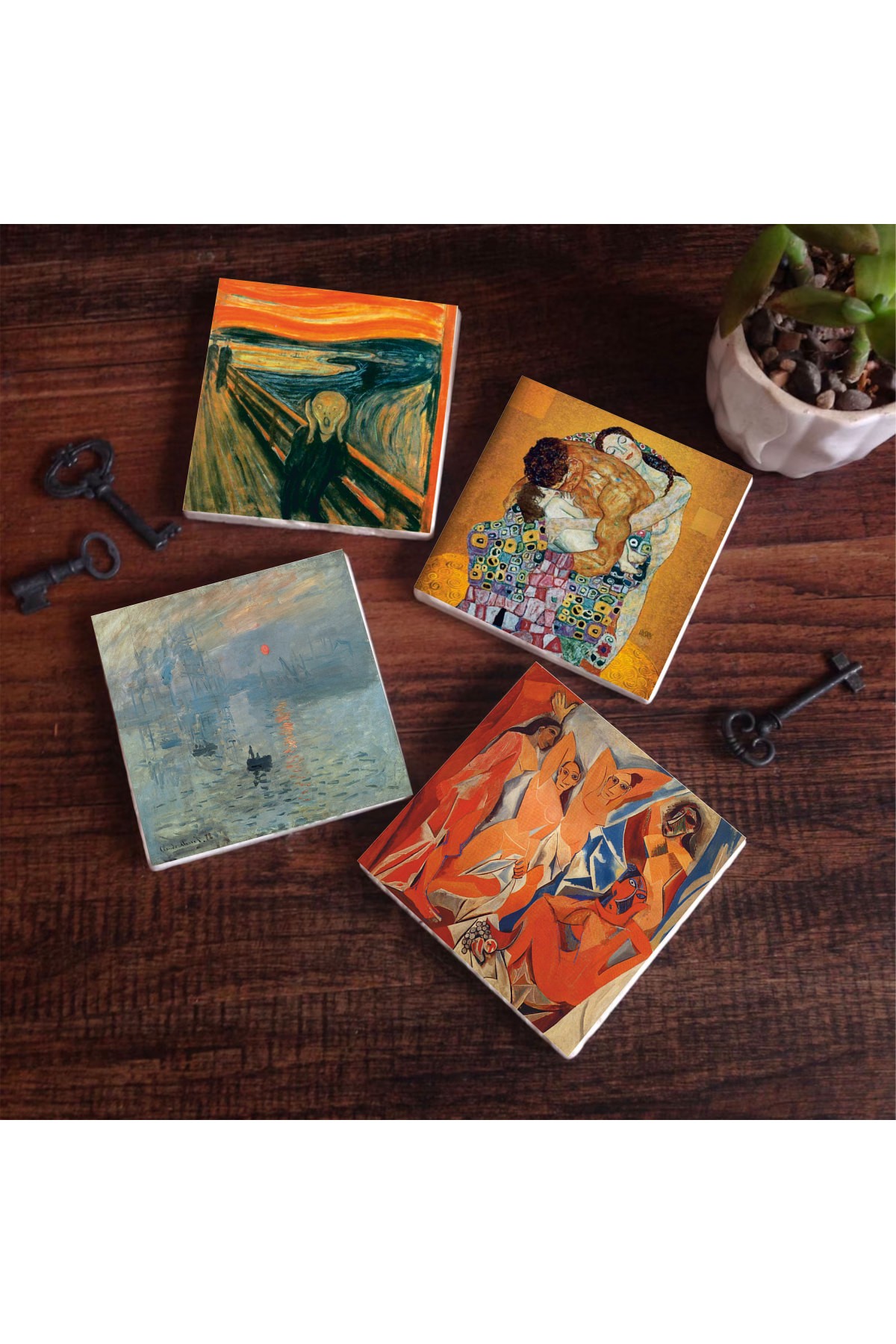 Picasso Avignonlu Kızlar, Monet Gün Doğumu, Çığlık, Klimt Aile Kucaklama Taş Bardak Altlığı Masaüstü Koruyucu Altlık 4 Parça Set 10x10cm Stone Coasters