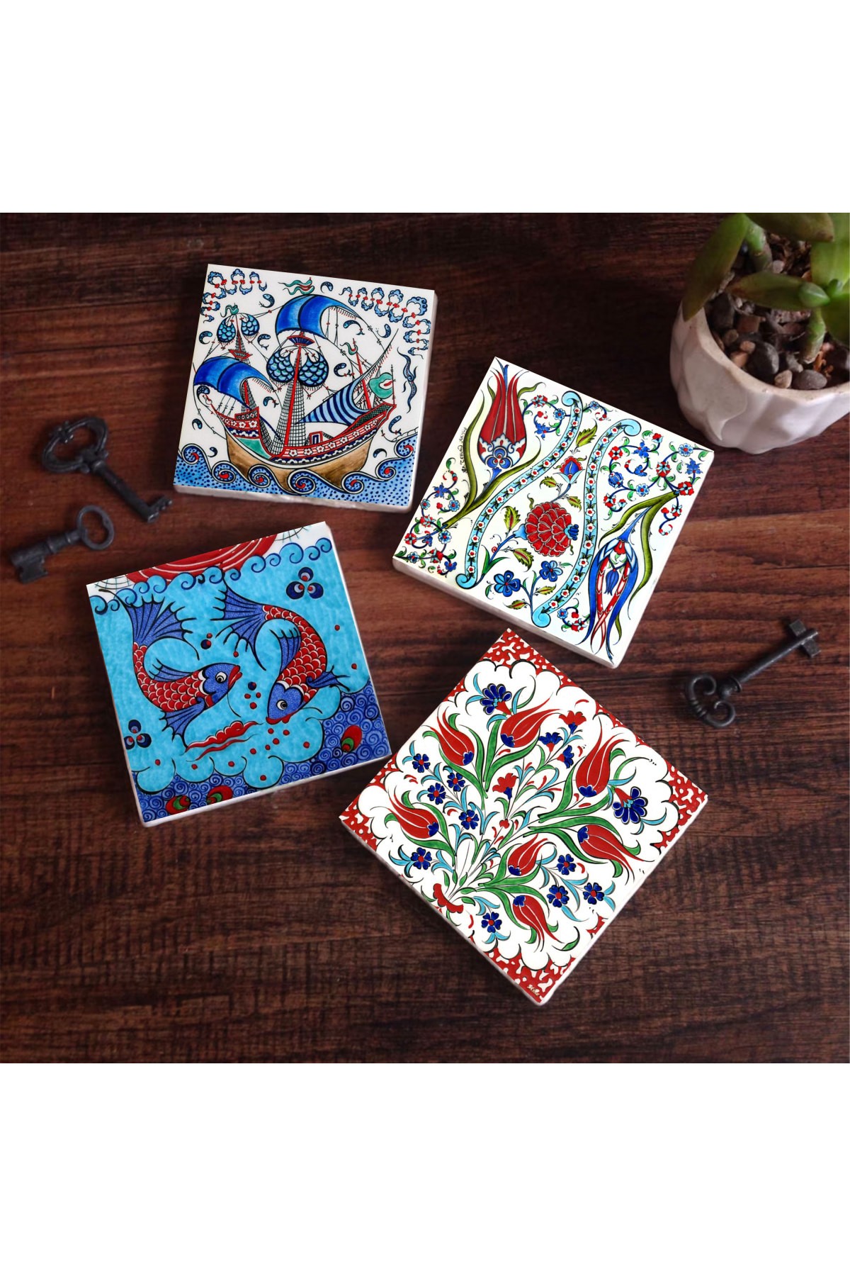 Çini Sanatı Lale, Balık, Yelkenli Gemi Taş Bardak Altlığı Masaüstü Koruyucu Altlık 4 Parça Set 10x10cm Stone Coasters