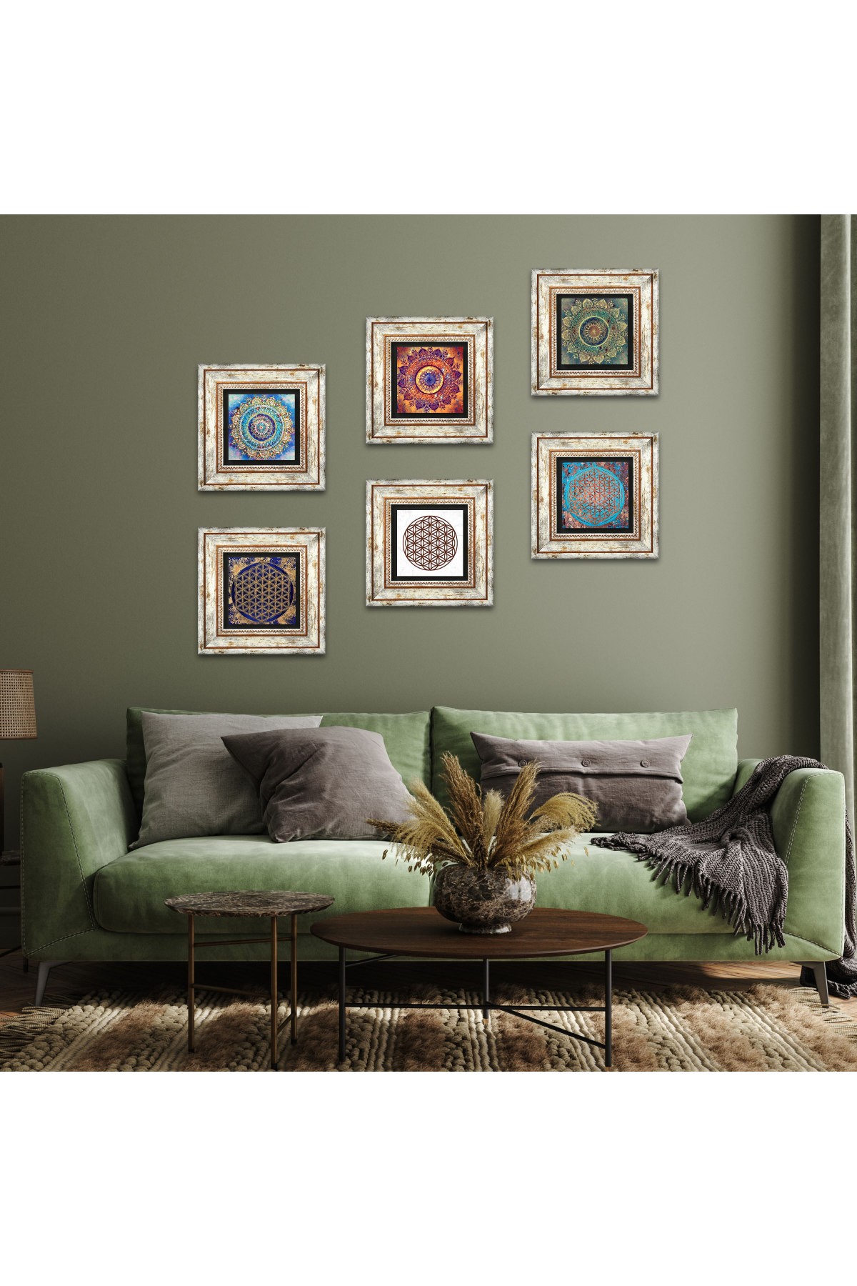 Mandala, Yaşam Çiçeği Taş Duvar Tablosu Çerçeveli Duvar Dekoru 6 Parça Tablo Seti Wall Art