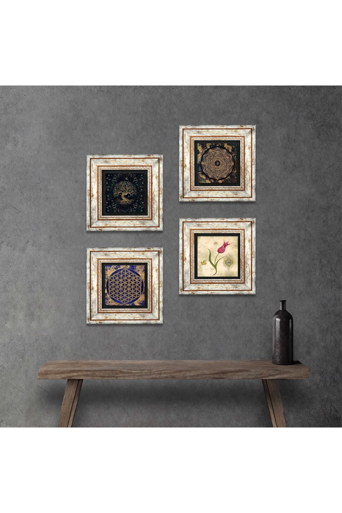 Sri Yantra, Flower of Life, Tree of Life, Tulip Stone Wall Painting Framed Wall Decor 4 Piece Painting Set Wall Art