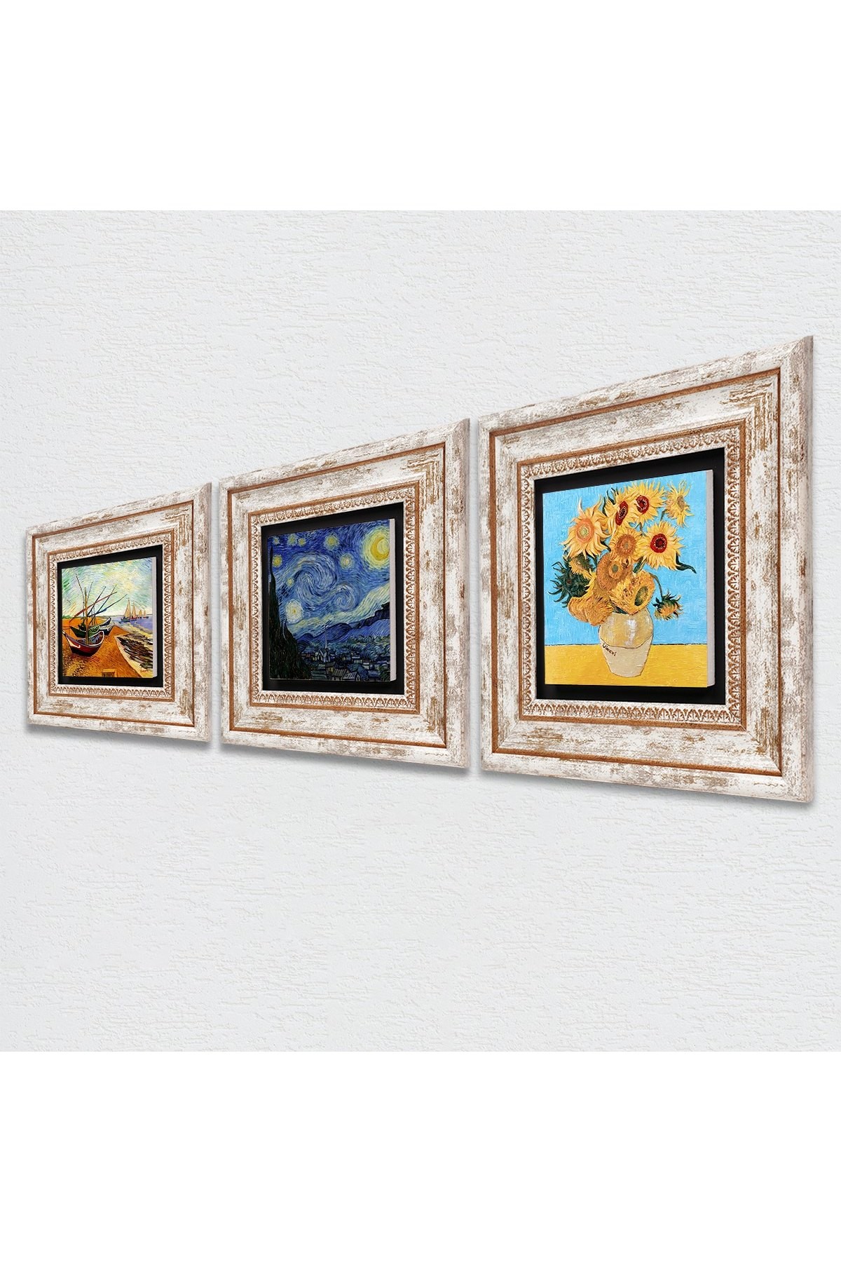 Van Gogh Taş Duvar Tablosu Çerçeveli Duvar Dekoru 3 Parça Tablo Seti Wall Art