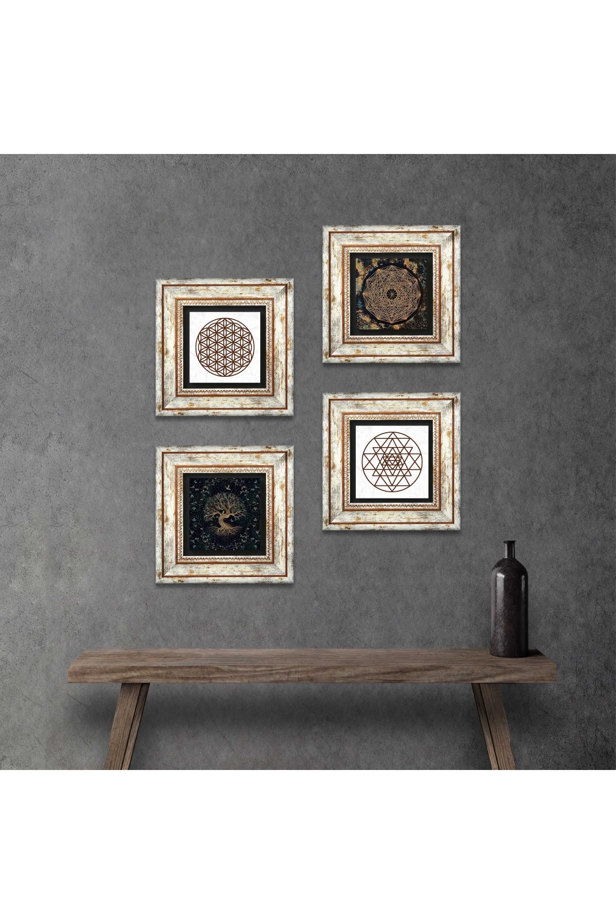 Yaşam Çiçeği, Sri Yantra, Hayat Ağacı Taş Duvar Tablosu Çerçeveli Duvar Dekoru 4 Parça Tablo Seti Wall Art