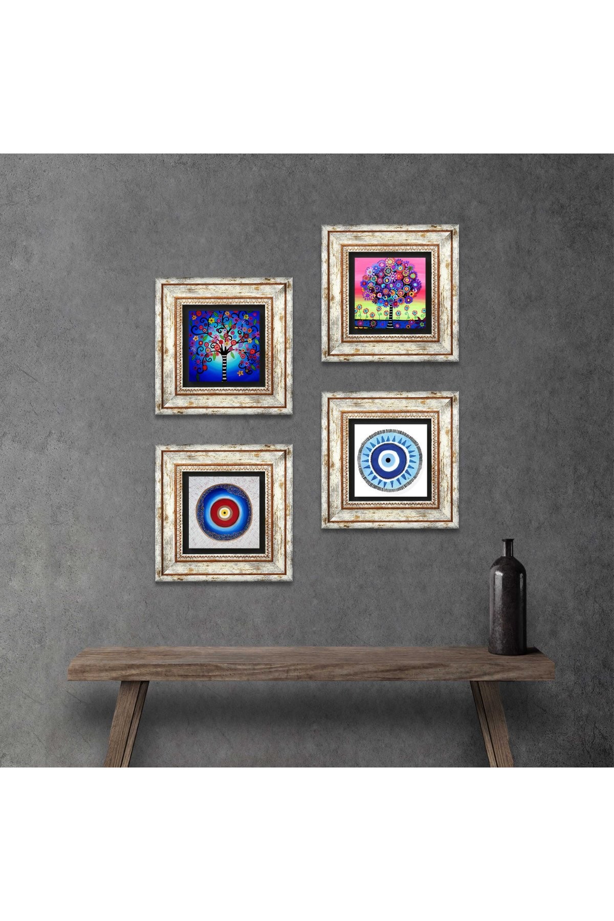 Evil Eye, Tree of Life Stone Wall Painting Framed Wall Decor 4 Piece Painting Set Wall Art