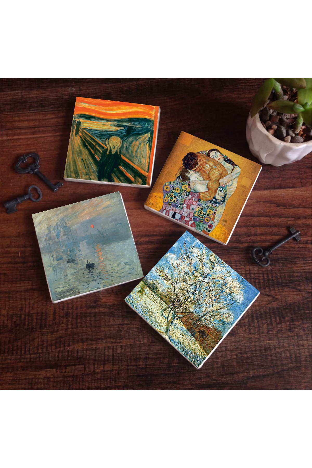 Van Gogh Şeftali Ağacı, Monet Gün Doğumu, Çığlık, Gustav Klimt Aile Kucaklama Taş Bardak Altlığı Masaüstü Koruyucu Altlık 4 Parça Set 10x10cm Stone Coasters