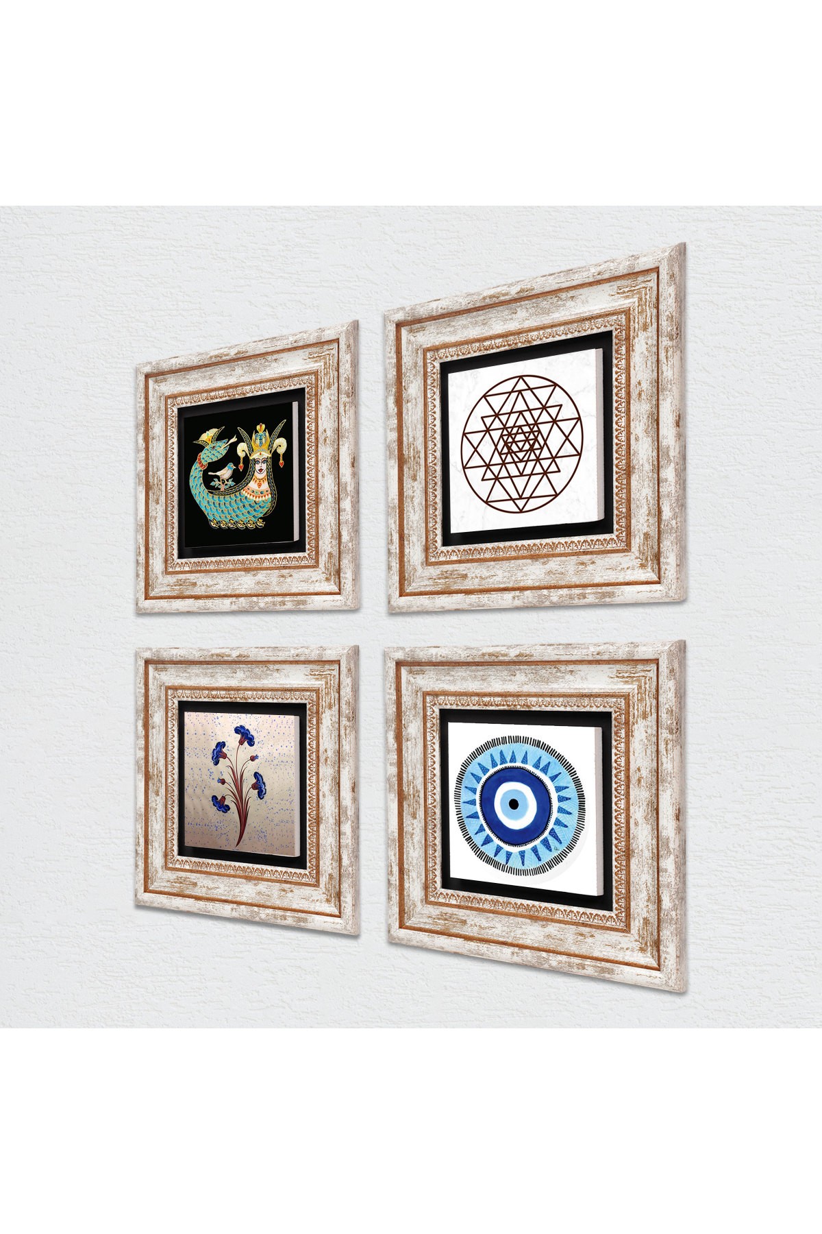 Evil Eye, Marbling Art, Sri Yantra, Shahmaran Stone Wall Painting Framed Wall Decoration 4 Piece Painting Set Wall Art