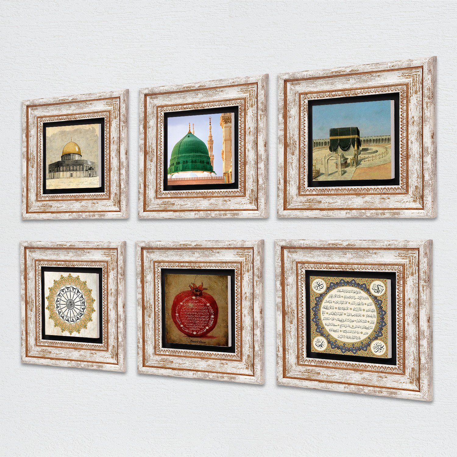 Kaaba-i Muazzama, Masjid al-Aqsa, Ravza-i Mutahhara, Surah Shams, Hilye-i Sharif, Prayer of Abundance Stone Wall Painting Framed Wall Decoration 6 Piece Painting Set Wall Art