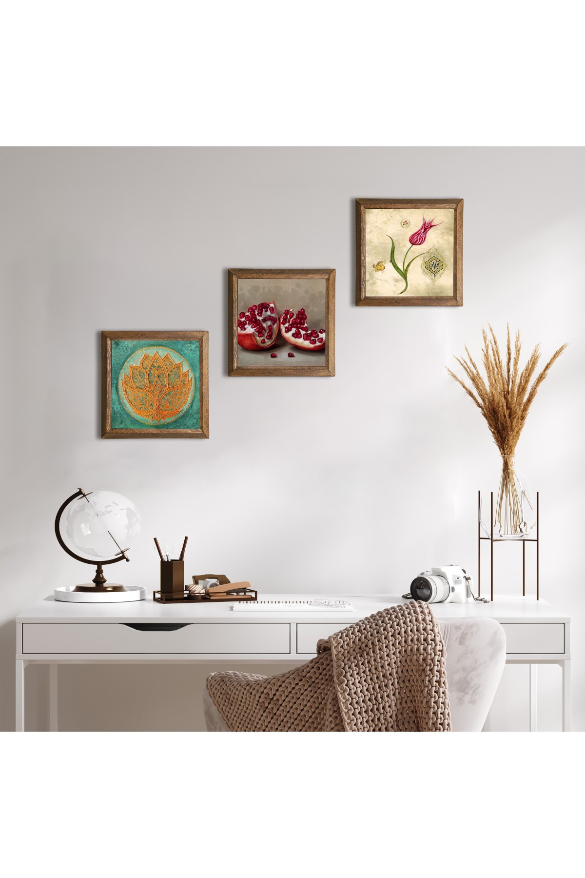 Lotus Çiçeği, Lale Ebru Sanatı, Nar Taş Duvar Tablosu Ahşap Çerçeveli Duvar Dekoru 3 Parça Tablo Seti Wall Art