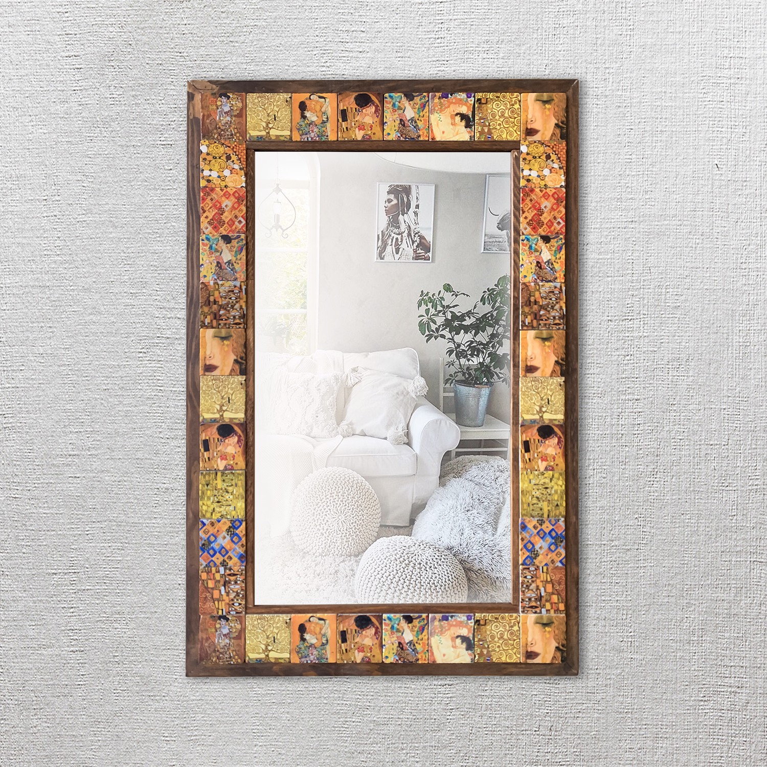Gustav Klimt Taş Duvar Aynası, Ahşap Çerçeveli Dekoratif Ayna, Salon Konsol Boy Aynası, Wall Mirror