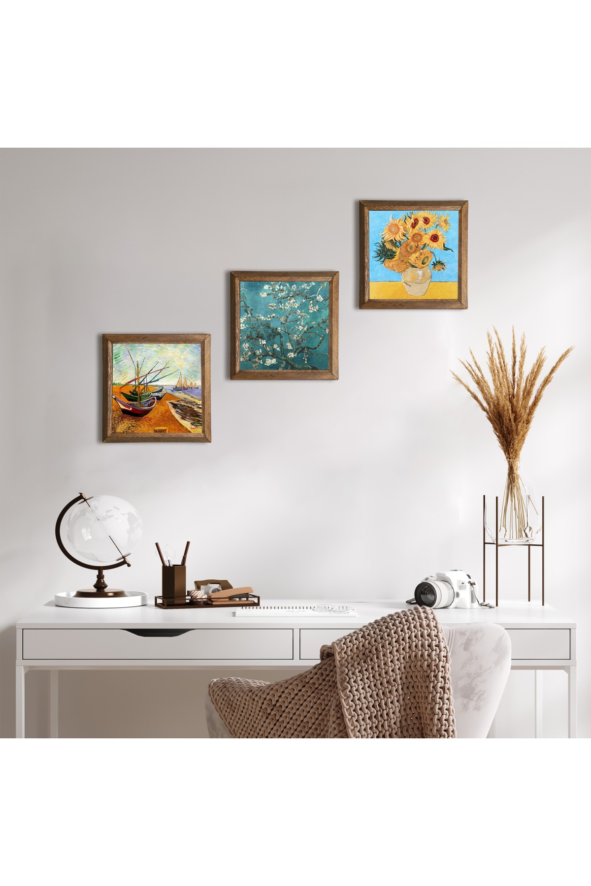 Van Gogh Taş Duvar Tablosu Ahşap Çerçeveli Duvar Dekoru 3 Parça Tablo Seti Wall Art