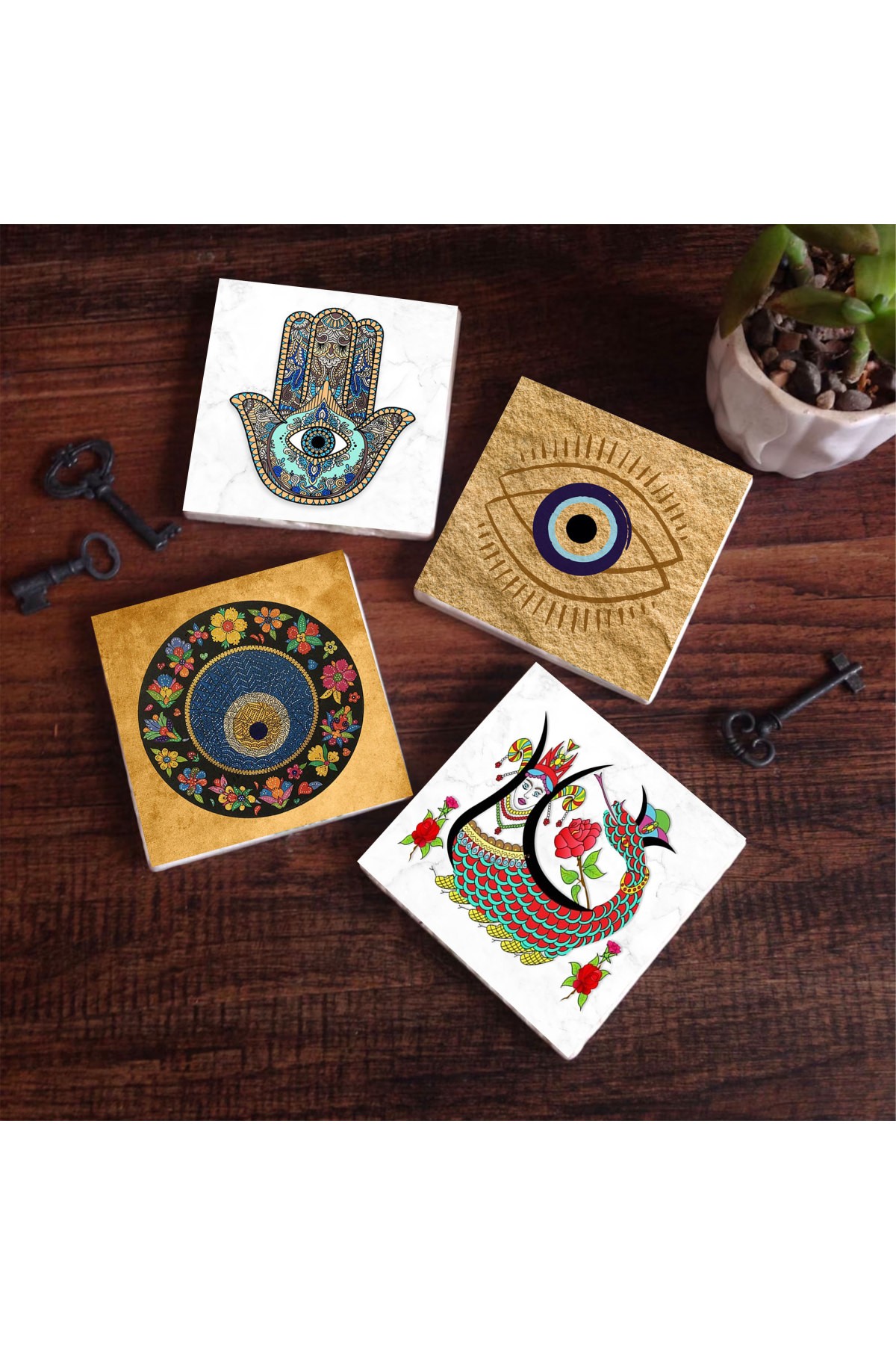 Nazar, Şahmeran, Fatma Ana Eli (Hamsa) Taş Bardak Altlığı Masaüstü Koruyucu Altlık 4 Parça Set 10x10cm Stone Coasters