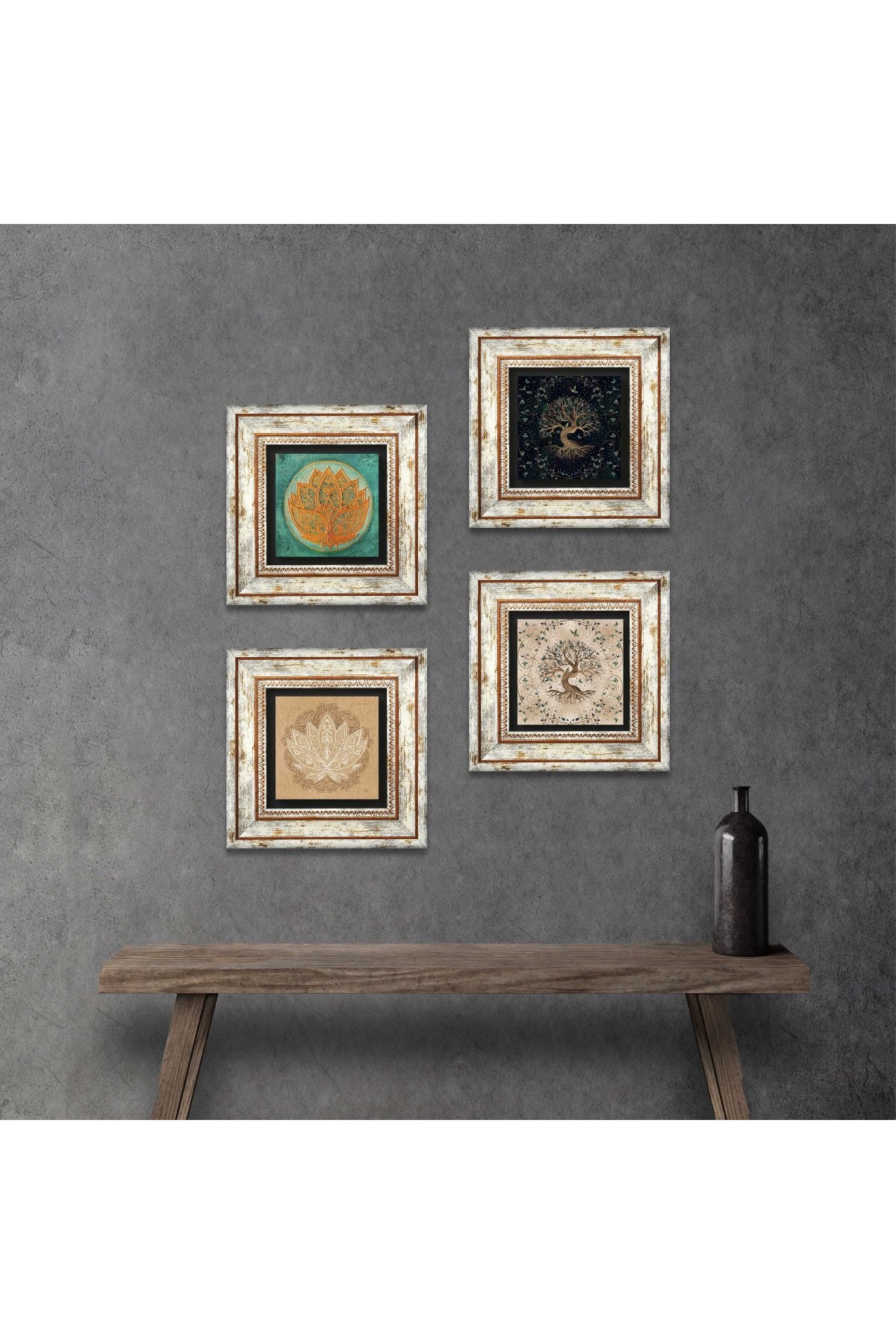 Lotus Çiçeği, Hayat Ağacı Taş Duvar Tablosu Çerçeveli Duvar Dekoru 4 Parça Tablo Seti Wall Art